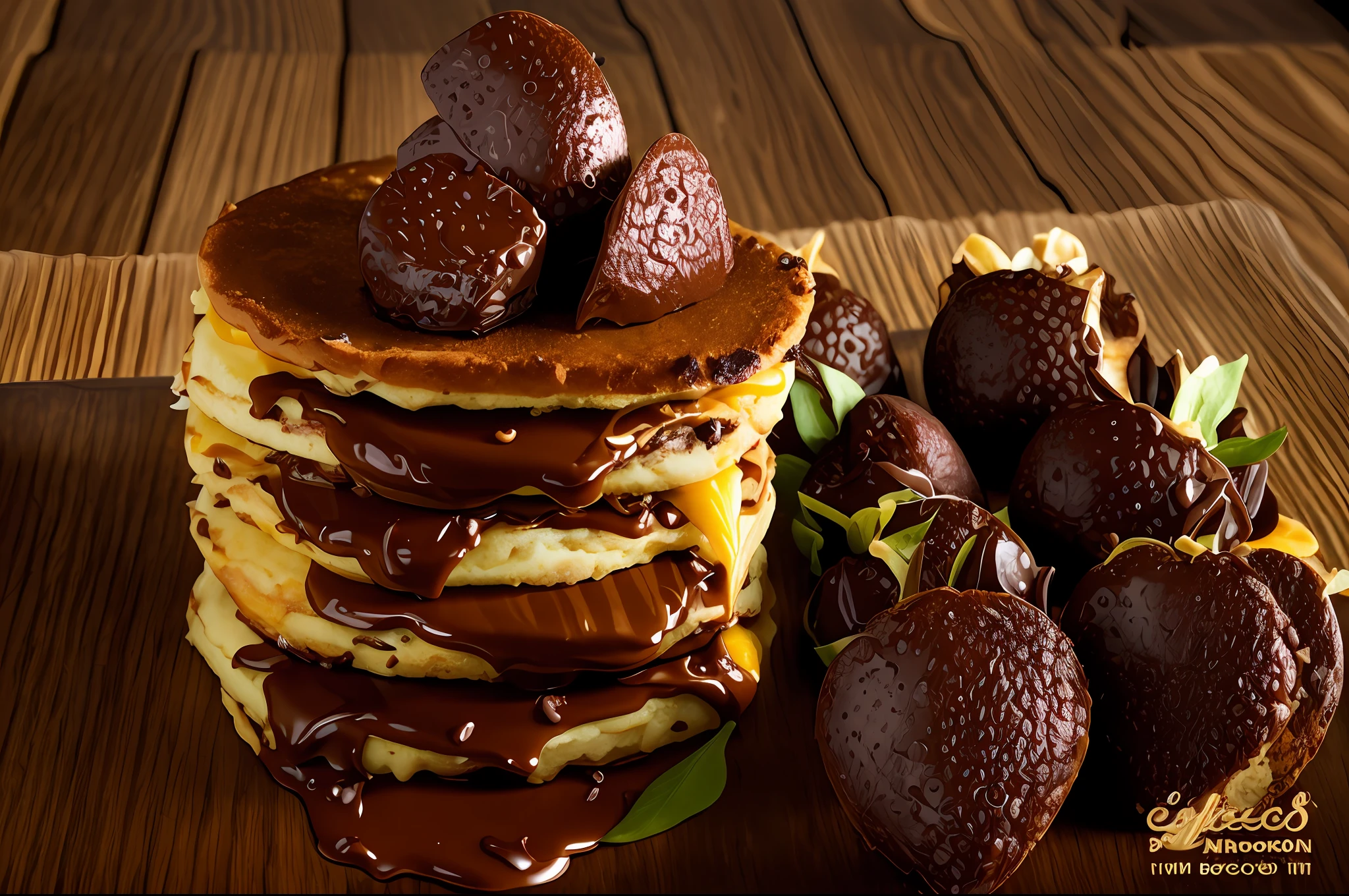 Panquecas de araffe com chocolate e morangos em um prato, Panquecas, ao lado de morangos fatiados, delicioso, um pouco de molho de chocolate, calda de chocolate, chocolate, Fotografia de comida de alta qualidade, !!altamente descaracterizado, sufocado em chocolate derretido, empilhado, Nata, foto altamente detalhada, decadente, cremoso, california;, effortless, imagem empilhada, Directed by: Alexander Robertson