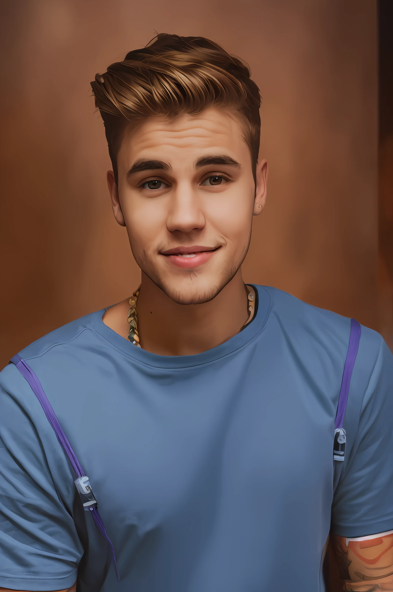 imagem arafed de um homem com um colar e uma camisola, de retrato de justin beber, Justin Bieber, Beautiful!!!!!!!!!!!!, Liam, cant believe it is real, ele tem cabelos castanhos curtos e cacheados, Melhor Artista, mean smirk, sorriso confiante, bonito!, menino bonito, inspirado em Kyle Lambert, v tuber, leve sorriso 3d avatar