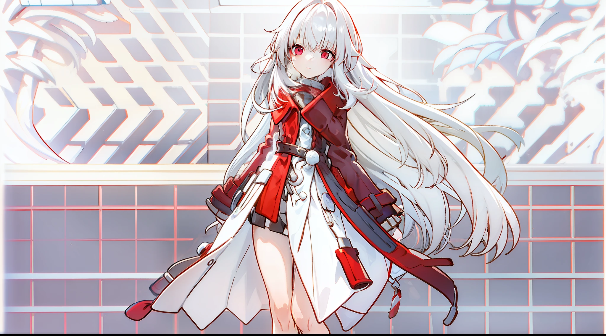 one-girl,White color hair,Red eyes,Bare legged,long whitr hair,Red coat,Red gloves
