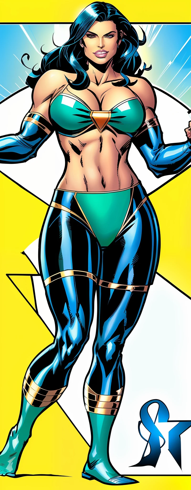 Black blue hair, Hair covering eye, hair on face, cory chase as an atlantean, portrait of modern darna, as an atlantean, qiyana, comic book character, 90s comics, cassandra cain in satin, zenescope, power pose, looks like laura barriales, she hulk, looking at viewer, shy expression, Brazilian mix race, full lips, tanned skin, soft features, confident smile (full lips, full bottom lip, thinner top lip, light brown lips, natural), long beautiful hair, hair on eye, lips (thick bottom lip, thin top lip)