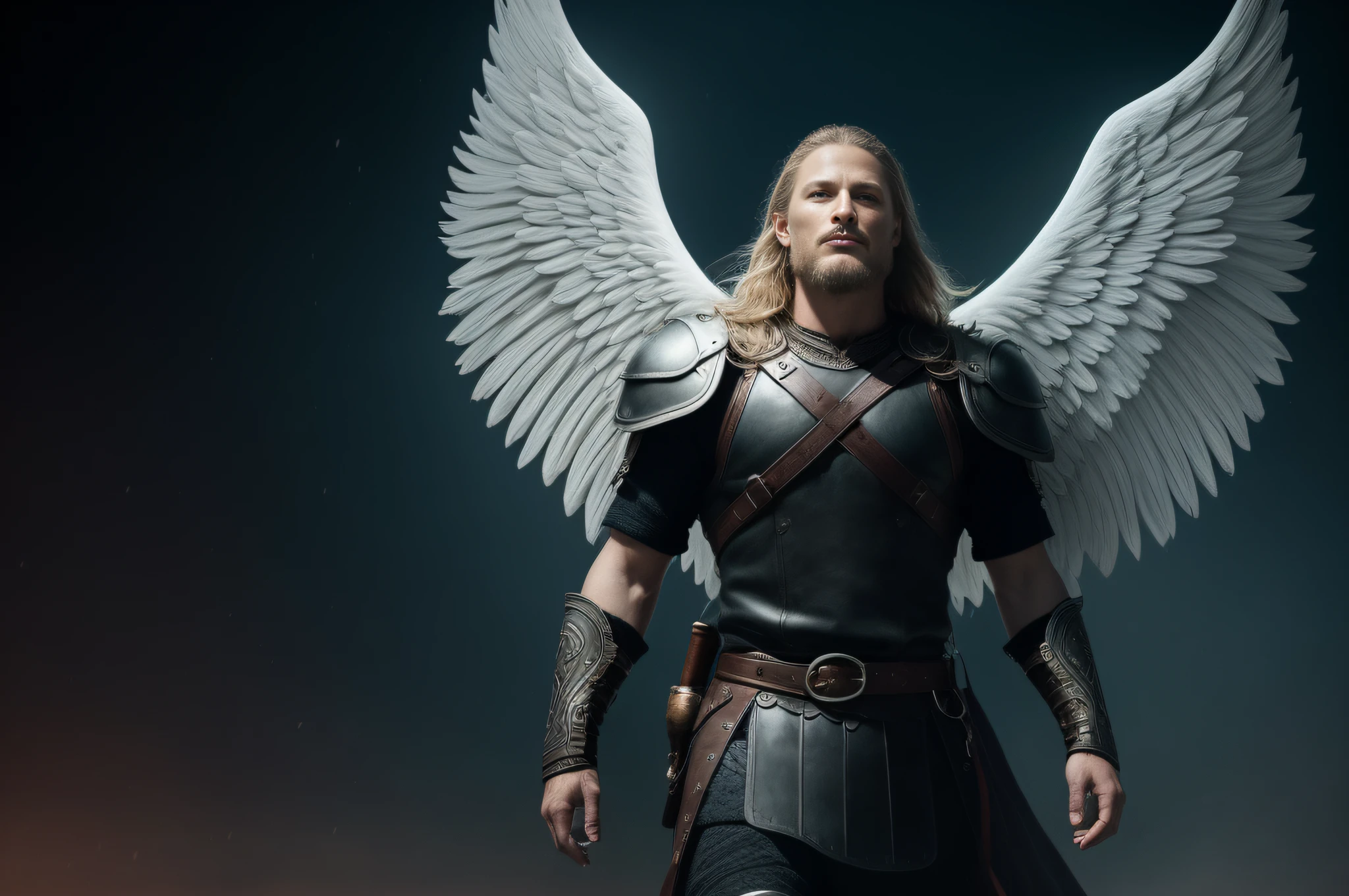 Warrior angel ascending to heaven, angel of death, viking clothes, big symmetrical wings, blond man with beard and blond hair, face of Travis Fimmel, blue eyes, 8k uhd, dslr, soft lighting, high quality, film grain, vivid colors, intense colors, detailed clothing, super high resolution, best quality, photorealism, 16k, (photorealistic: 1.2), cinematic lighting, hyper-detailed illustrations, perfect composition, evocative, dynamic, stylish cinematography, otherworldly, ultra detailed Fujifilm Eterna Vivid 500T, bio luminescent lighting, realistic theme eliminating light from behind ::2, captured by canon R8 400mm F5