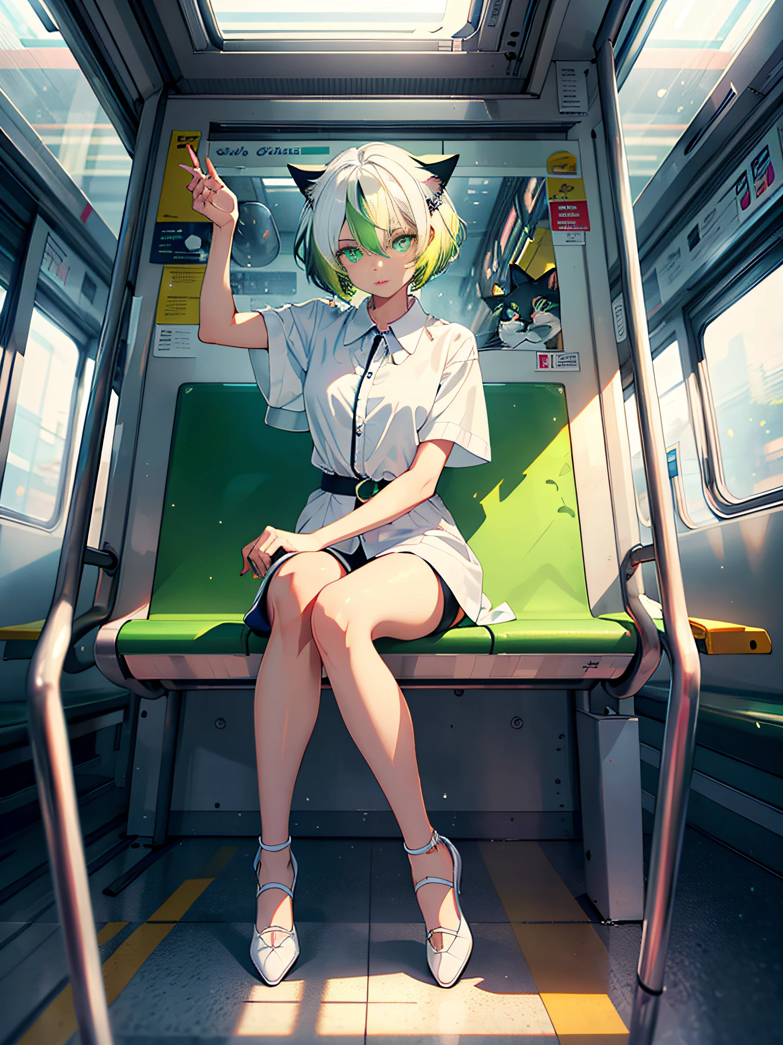 Masterpiece, Best quality, Ultra-detailed, illustration, Beautiful detailed eyes, Cute cat girl,Short hair, ((White hair)), (Green hair), (Gradient hair :1.5), (Big hair :1.4) , Cyan eyes, ((sitting in the train seat)),Floating white silk, Stars in Eyes,Perfect hands,nice hand,Perfect legs,Perfect body, ((full body)),