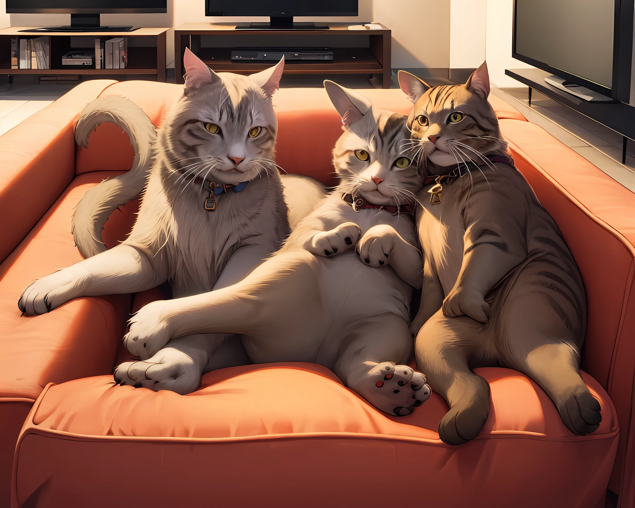 A cat lying on a couch,There is a coffee table and TV in front of the sofa, with cats and mice playing on the TV