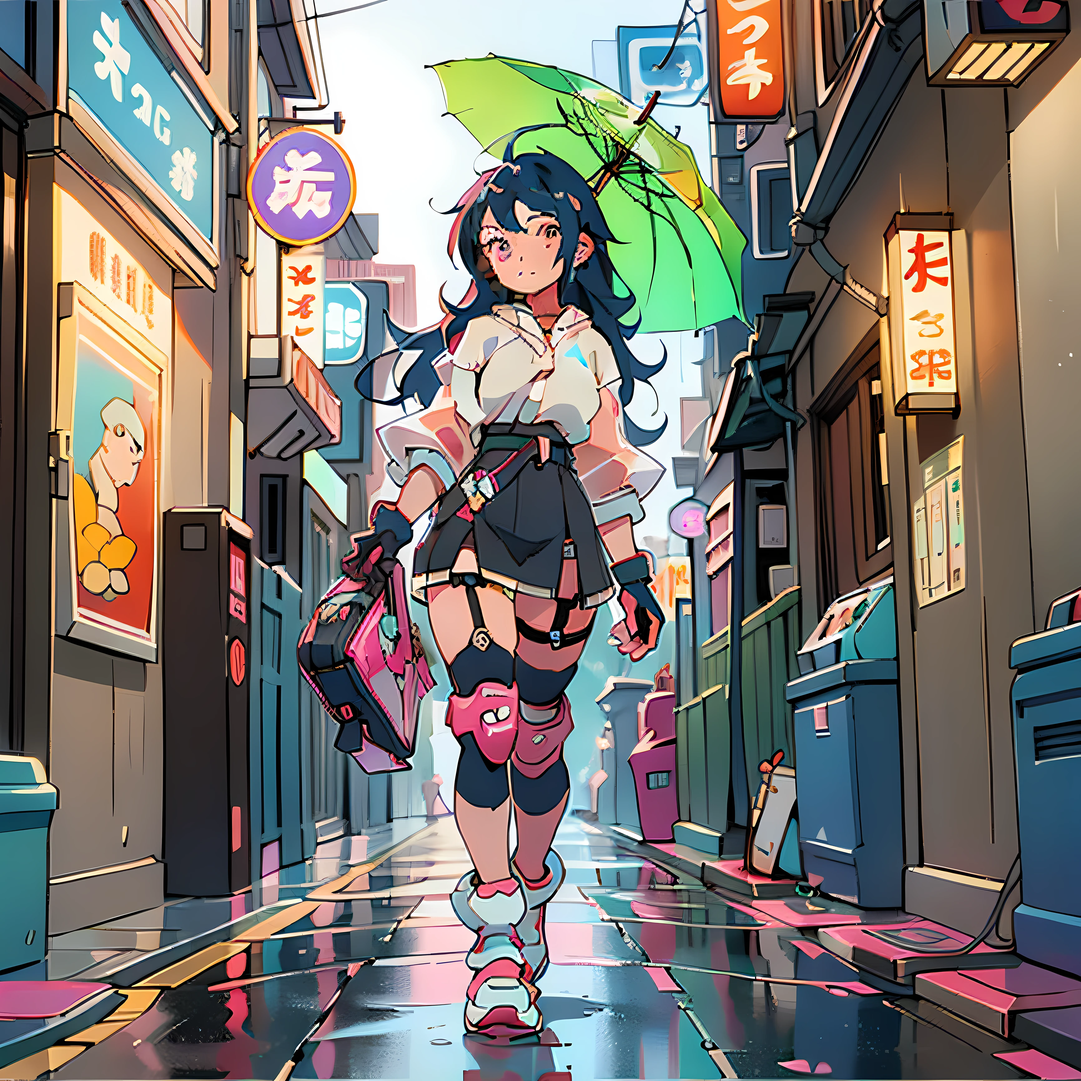 (best quality, masterpiece: 1.3), 1girl, rainy day, fog, alley, umbrella holding, large and transparent umbrella, looking at the viewer, blue hair, facing the photo, cyberpunk city, alone in the alley, neon in the alley, very reflective city, long hair, sized strands going over the alley, bars, Japan, Tokyo, garter belt on one leg,  knee pad on the other leg, perfect hand, delicate, night