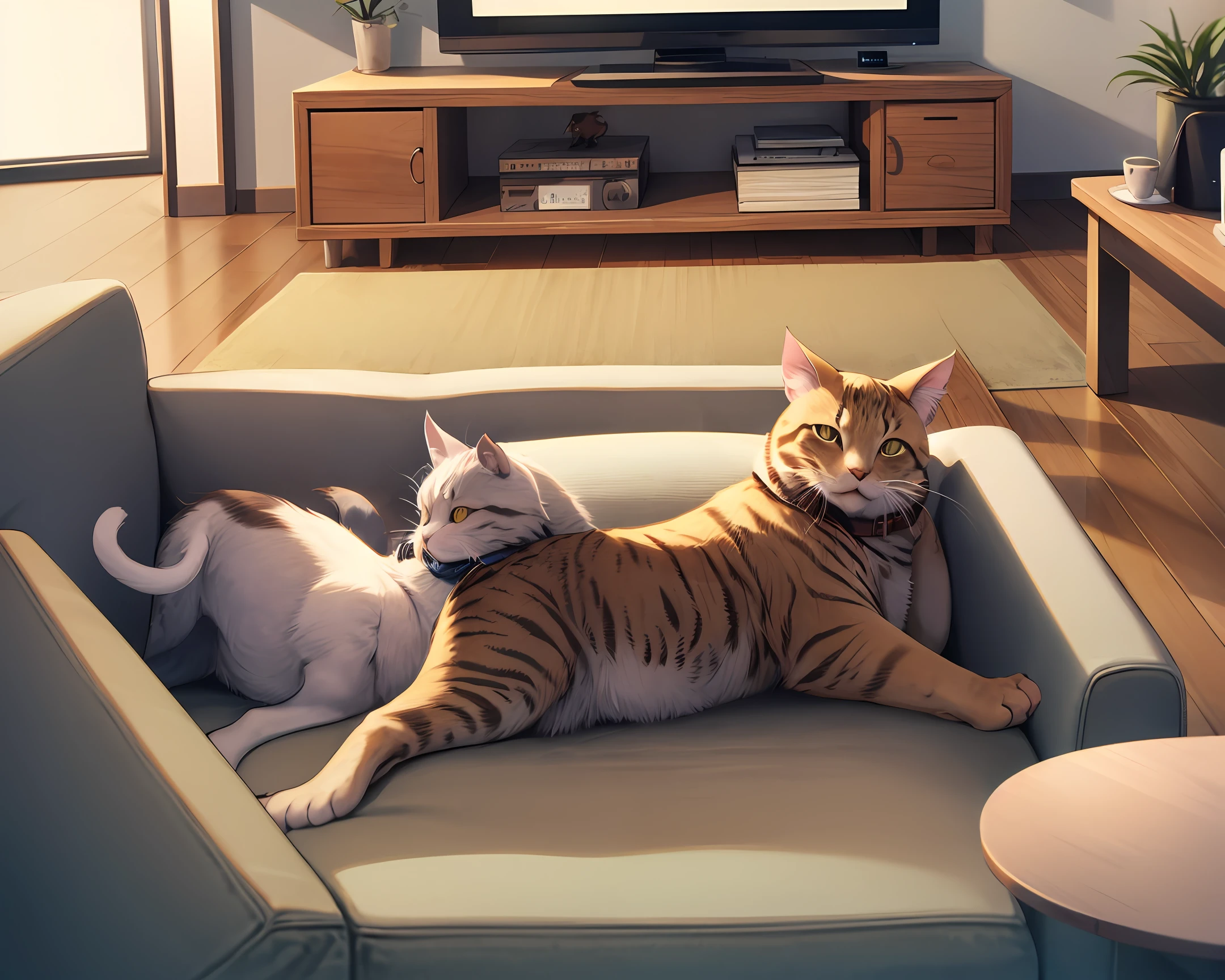 A cat lying on a couch，There is a coffee table and TV in front of the sofa, with cats and mice playing on the TV