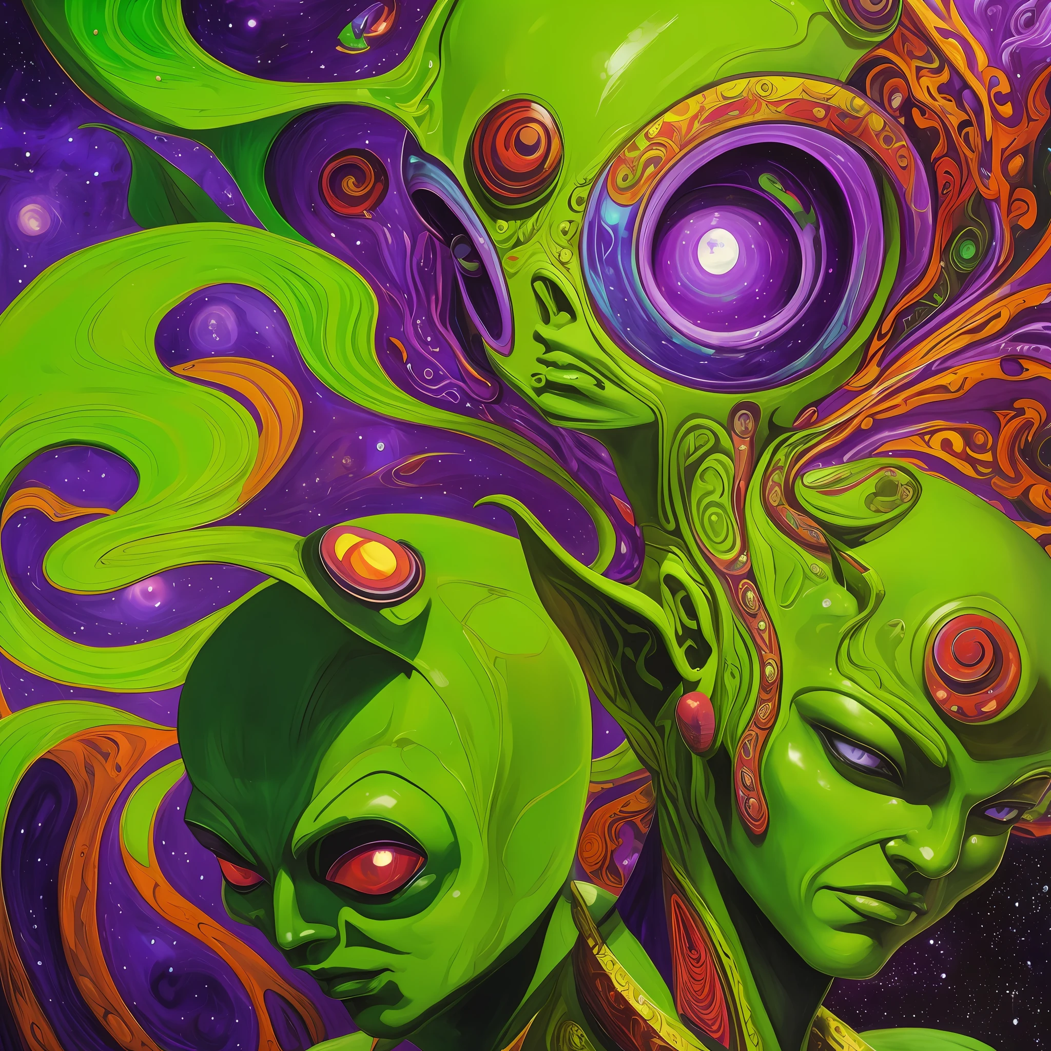 Painting of a green alien with a red nose and a purple tail, inspirado em Pierre Alechinsky, portrait of a space alien, Portrait of an alien, inspirado em Georges Lacombe, oil and alien on canvas, alien art, Entidade DMT ; Arte LSD, retrato antigo do monstro do neon, Portrait of a humanoid alien, Face of an alien deity, alien portrait --auto