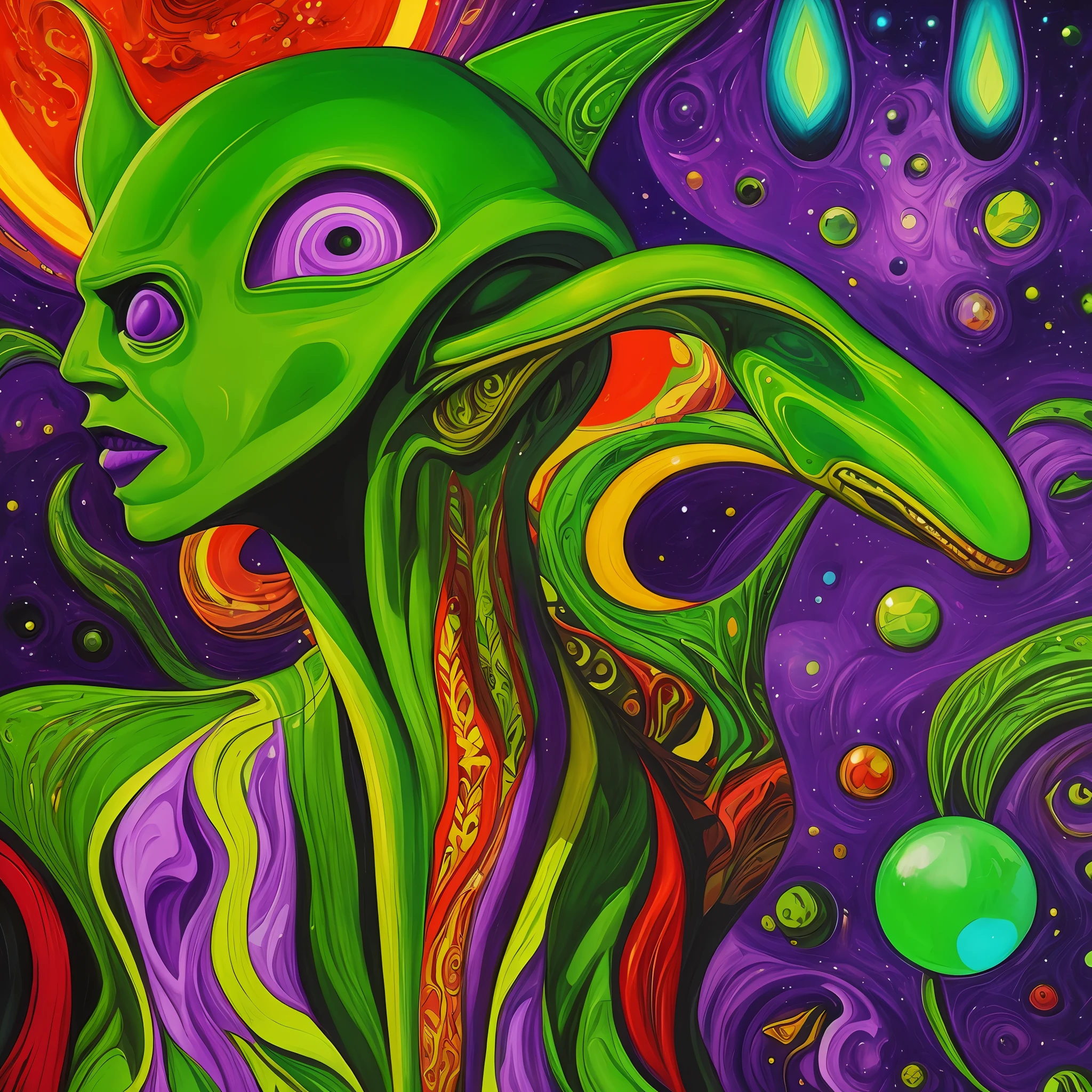 Painting of a green alien with a red nose and a purple tail, inspirado em Pierre Alechinsky, portrait of a space alien, Portrait of an alien, inspirado em Georges Lacombe, oil and alien on canvas, alien art, Entidade DMT ; Arte LSD, retrato antigo do monstro do neon, Portrait of a humanoid alien, Face of an alien deity, alien portrait --auto
