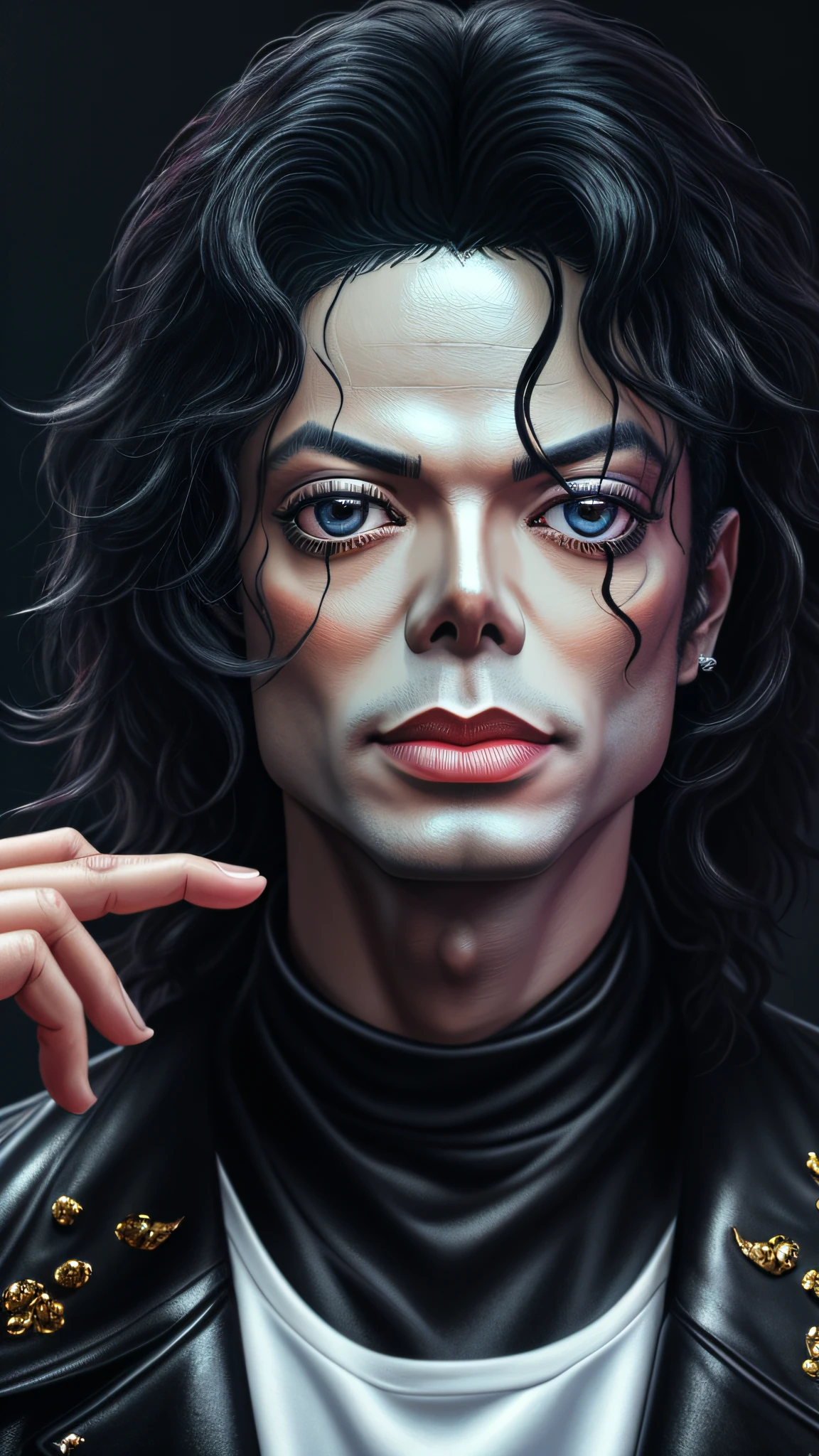 (detailed:1.15), michael jackson taking a selfie on middel background soft black sadows,eyes looking to font, finger not show, high detail, ultra realistic, cinematic lighting, portrait painting, photorealistic, Color Grading, portrait Photography, hyper - detailed, beautifully color graded, real Engine5, Cinematic 8K,oilpaint.