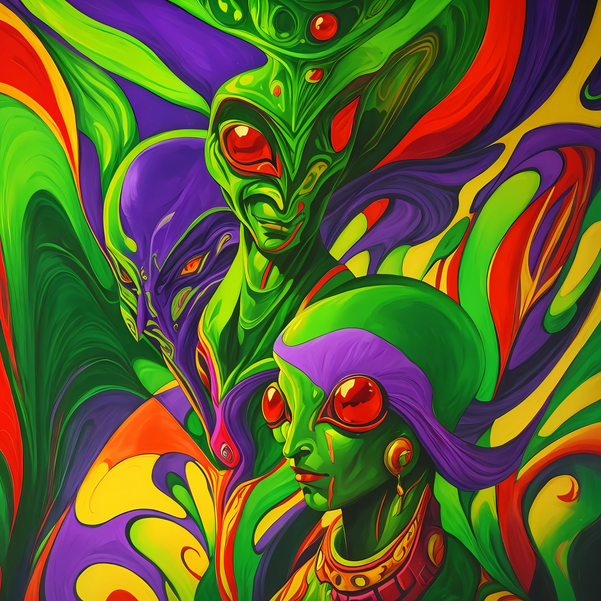 Painting of a green alien with a red nose and a purple tail, inspirado em Pierre Alechinsky, portrait of a space alien, Portrait of an alien, inspirado em Georges Lacombe, oil and alien on canvas, alien art, Entidade DMT ; Arte ???, retrato antigo do monstro do neon, Portrait of a humanoid alien, Face of an alien deity, alien portrait --auto