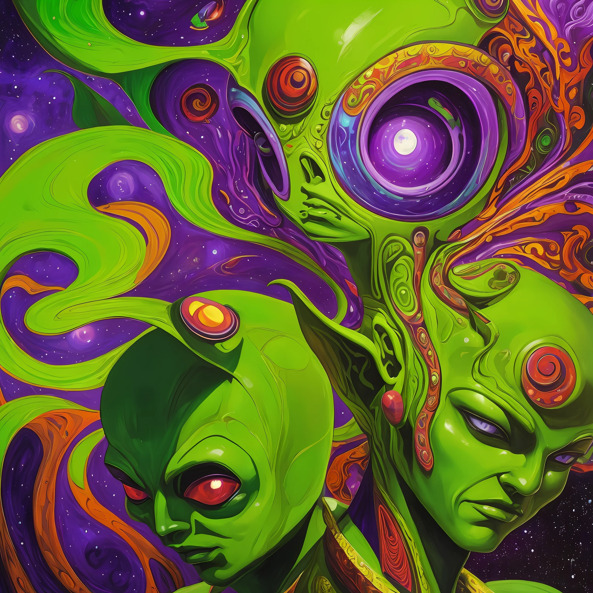 Painting of a green alien with a red nose and a purple tail, inspirado em Pierre Alechinsky, portrait of a space alien, Portrait of an alien, inspirado em Georges Lacombe, oil and alien on canvas, alien art, Entidade DMT ; Arte LSD, retrato antigo do monstro do neon, Portrait of a humanoid alien, Face of an alien deity, alien portrait --auto