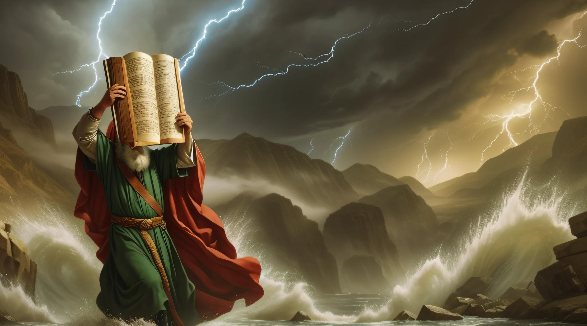 "epic image of Moses holding the 10 commandments in a hostile and stormy terrain, with howling winds and thundering thunder."