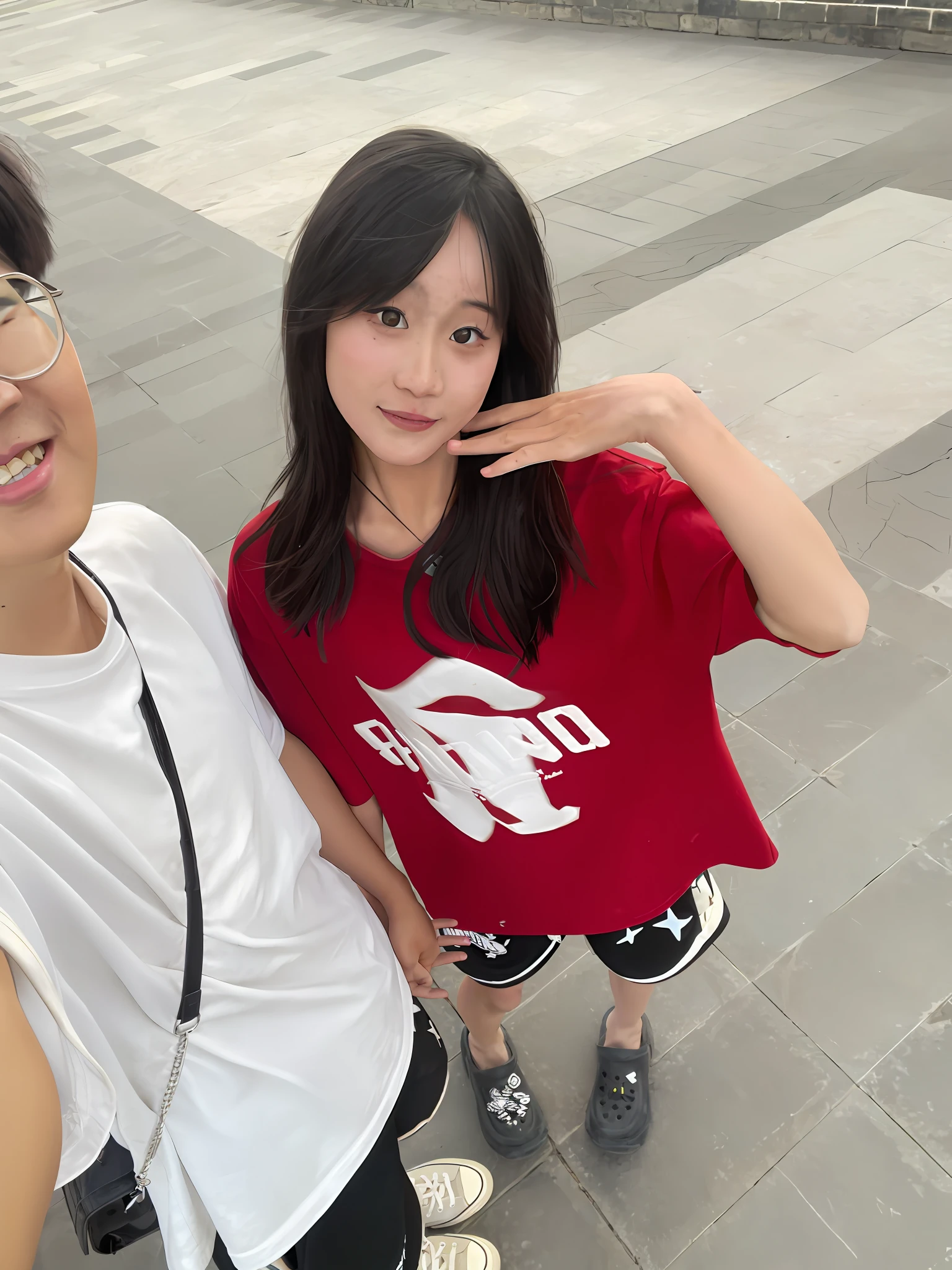Two people stand together on the sidewalk posing for a photo, taken with sony alpha 9, 8K)), tzuyu from twice, kanliu666, trending at cgstation, ulzzangs, taken with canon 8 0 d, taken on iphone 1 3 pro, very very low quality picture, shot on gopro9