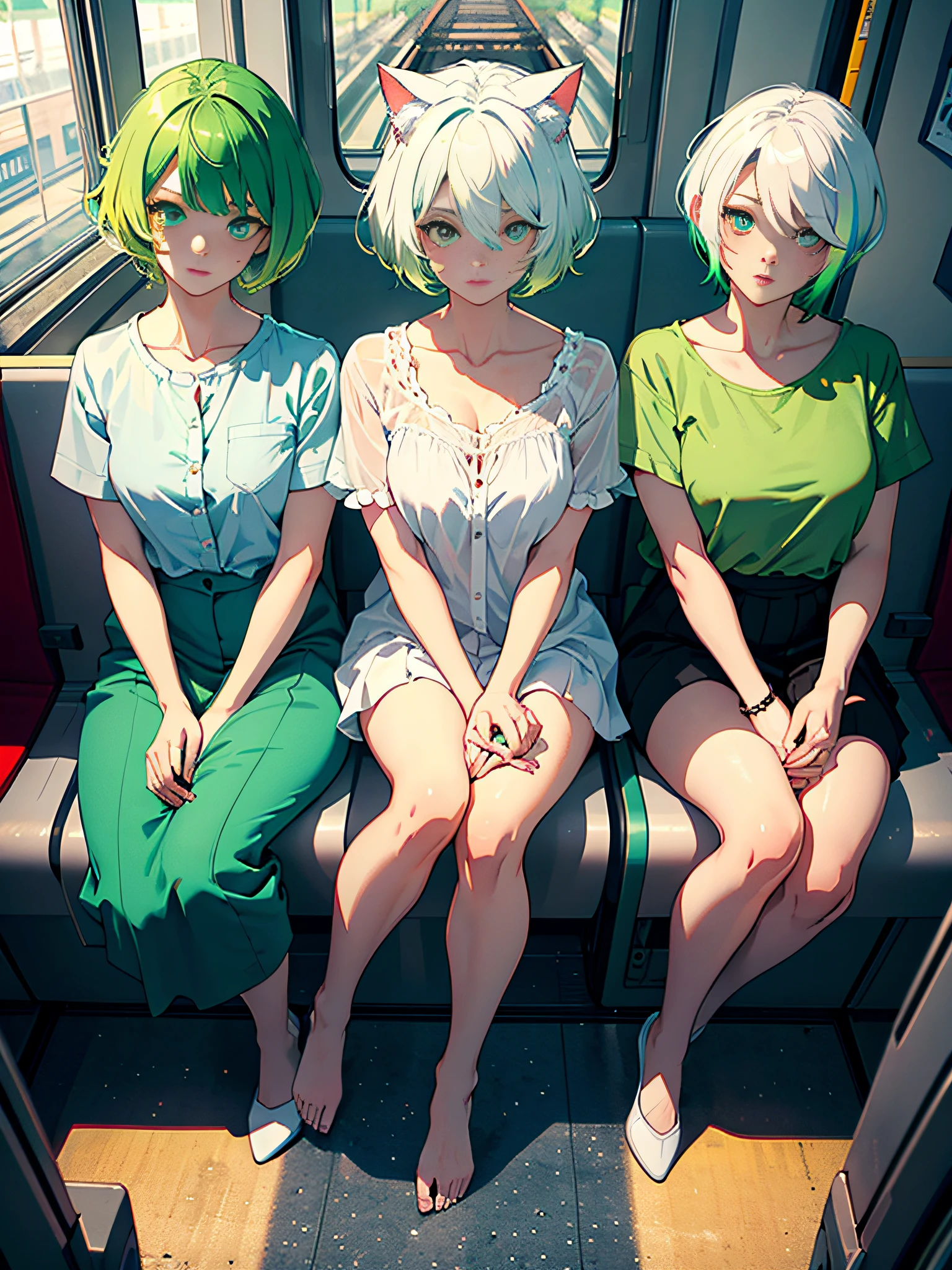 Masterpiece, Best quality, Ultra-detailed, illustration, Beautiful detailed eyes, Cute cat girl,Short hair, ((White hair)), (Green hair), (Gradient hair :1.5), (Big hair :1.4) , Cyan eyes, ((sitting in the train seat)),Floating white silk, Stars in Eyes,Perfect hands,nice hand,Perfect legs,Perfect body, ((full body)),