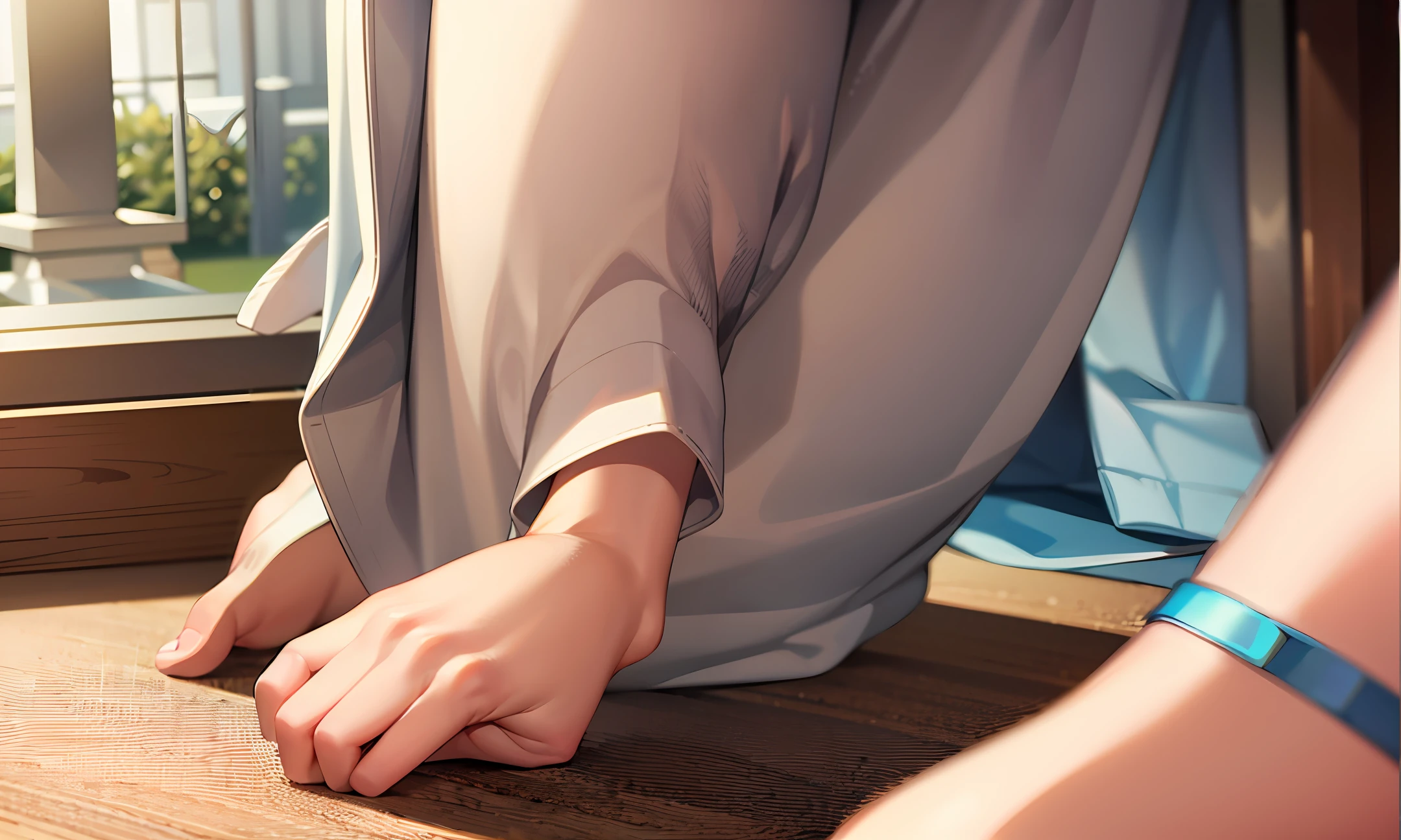 Blue fox crying and mending clothes in bedroom