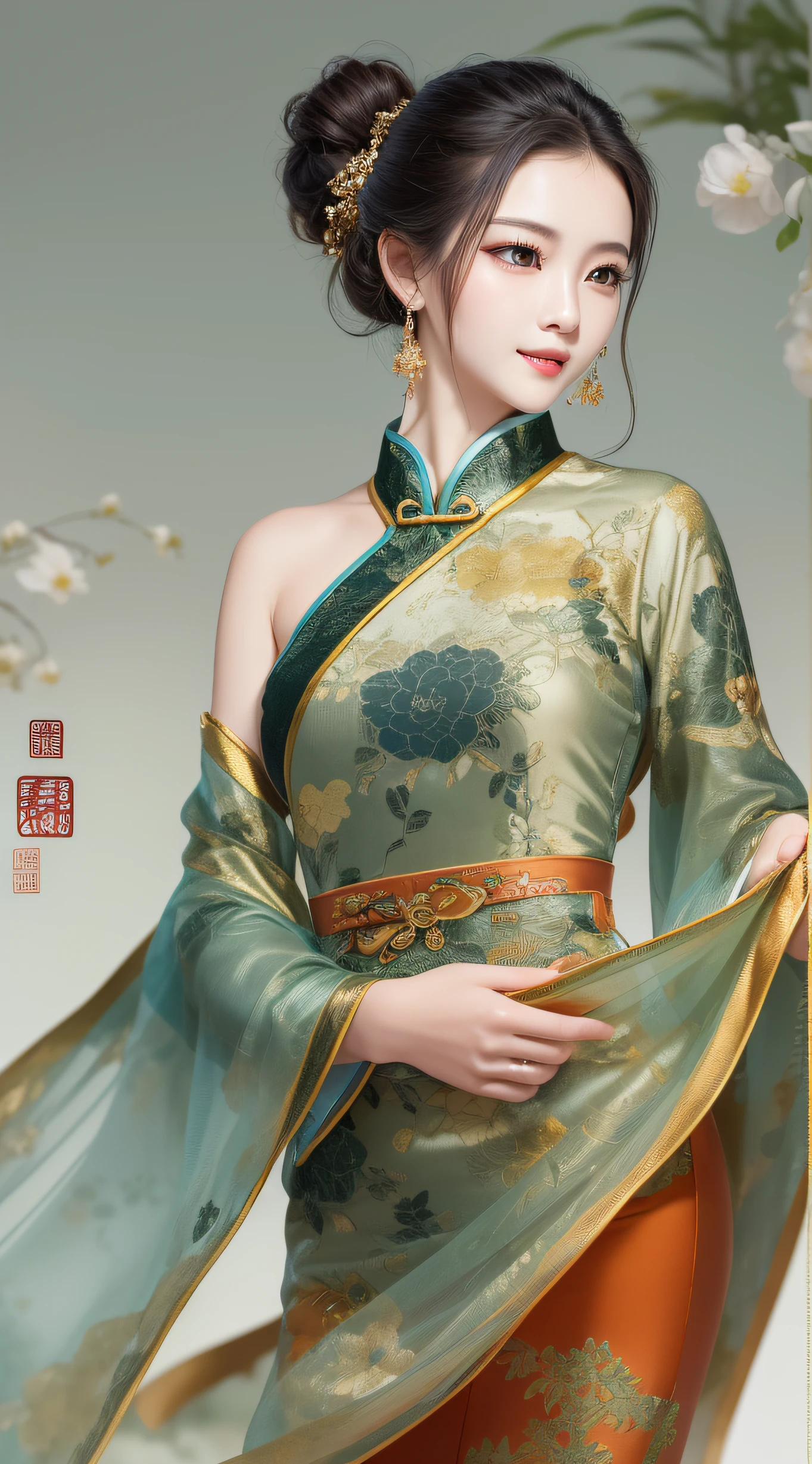 ((top-quality)), (masterpiece), Clear,((Perfect and indestructible anatomy)),((the golden ratio)),Wind manipulation:1.1, natural soft light:1.5,(Woman in her early 20s),(Cheongsam without exposure with detailed depiction,detailed embroidery:1.3 Long skirts),Slim body,Colossal tits:1.7, thin-waist, makeups,Slim abdomen,Delicate and smooth skin,(Dense, detailed shiny black eyes),Beautiful facial features,clean legs,A slight smil, Backgrounds with depth,Chinese style,