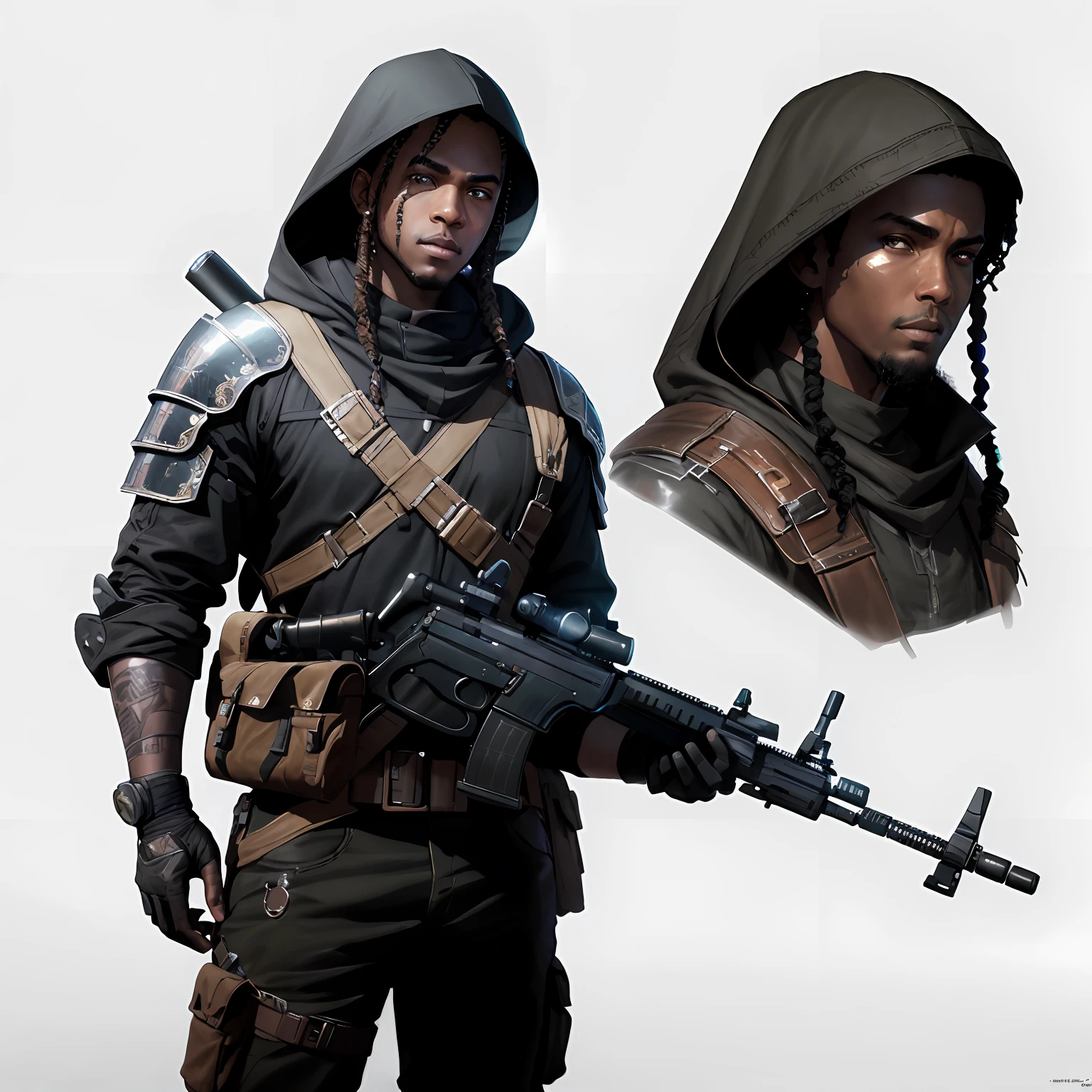 semi-realistic, front, bochen, guweiz, masterpiece, highres, highly detailed, (Post-apoc, postapoc_character), (A young black man with braids and bright lit eyes), 1boy, holding weapon, assault rifle, hood, gloves, armor, single, front view, front, hood, close, face