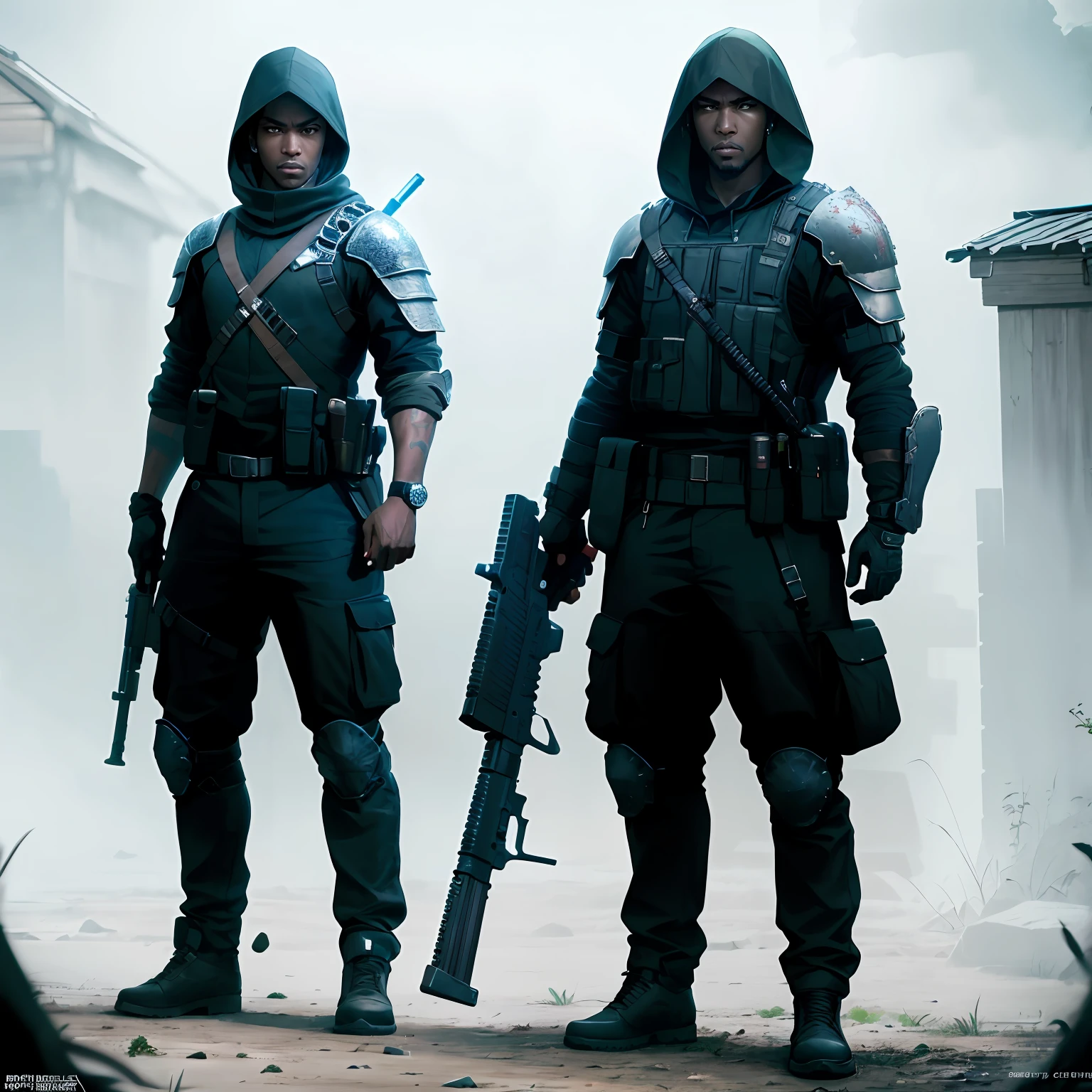 front view semi-realistic, front, bochen, guweiz, masterpiece, highres, highly detailed, (Post-apoc, postapoc_character), (A young black man bright lit eyes), 1boy, holding weapon, assault rifle, hood, gloves, armor, single, front view, front, hood, close, face, single, angry face