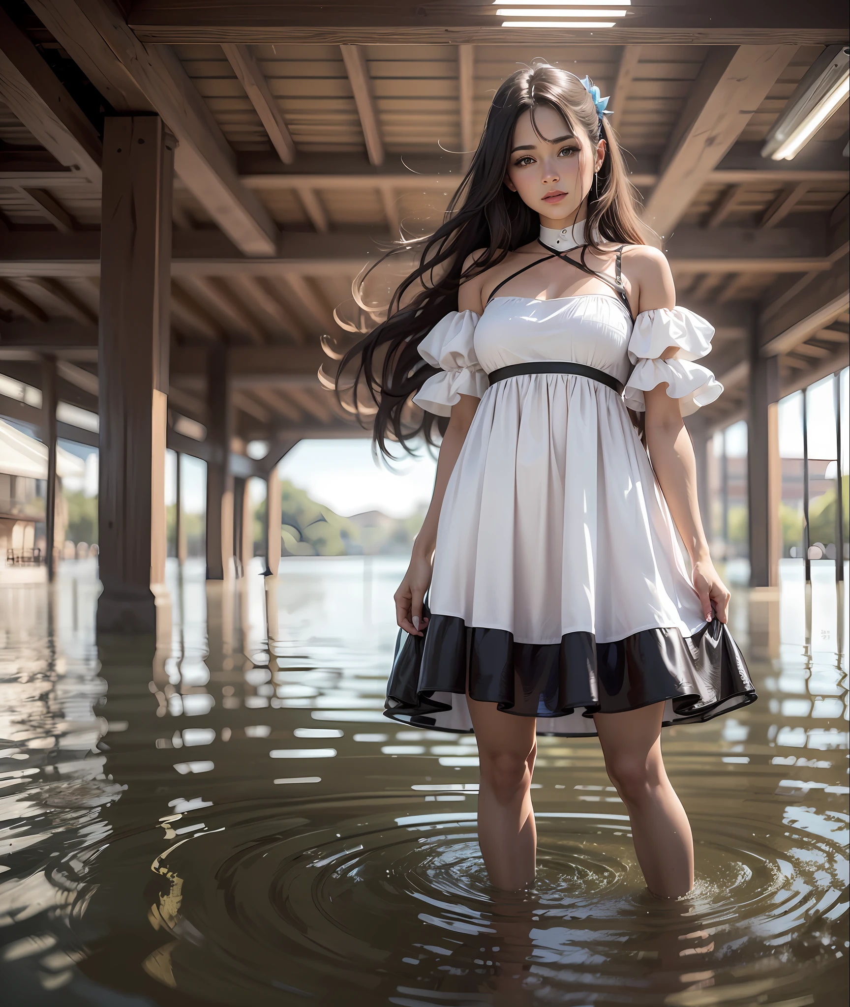 (linda garota, Trapare Blade Huner plastic dress < 1.5 ), sentada em uma lagoa. amplo, foco 22x. Hultra realista, reflexo, Lingth, Luz solar frontal. ...ISO.  HD v3.