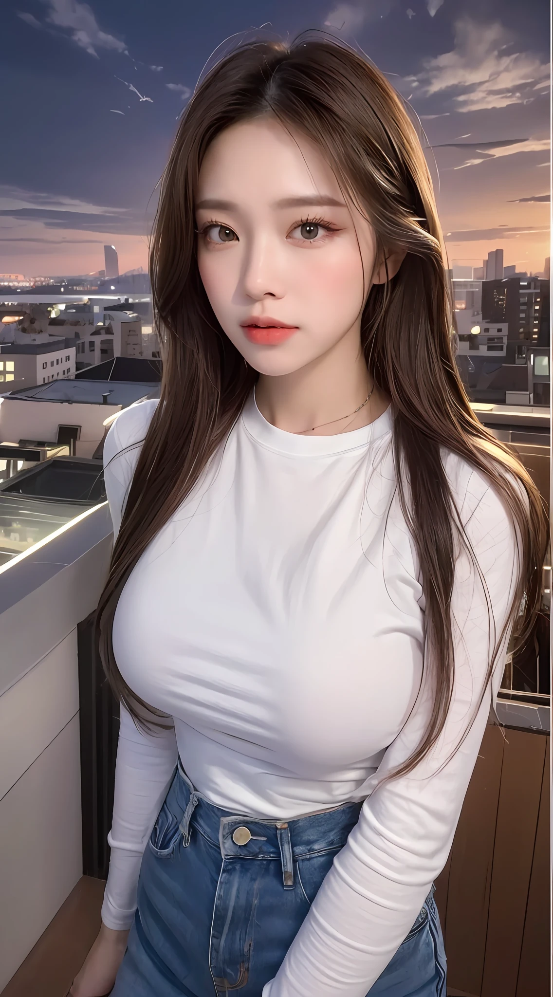 ((Midnight, Best quality, 8k, Masterpiece :1.3)), Whole body, Long legs, Sharp focus :1.2, A pretty woman with perfect figure :1.4, Slender abs :1.1, ((Dark brown hair, Big breasts :1.2)), (White tight tshirt, Jean bib, Standing:1.2), ((Night city view, Rooftop:1.3)), Highly detailed face and skin texture, Detailed eyes, Double eyelid