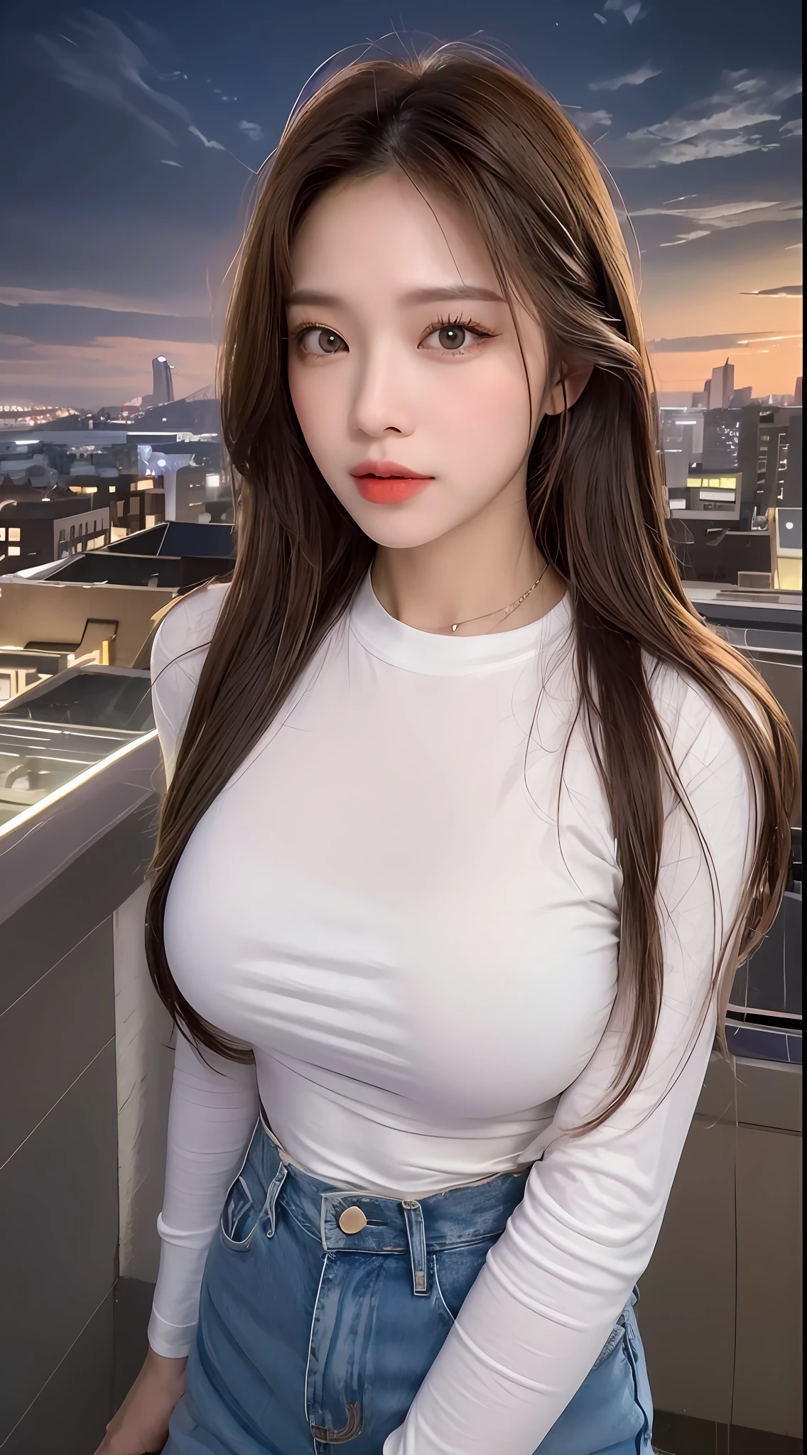 ((Midnight, Best quality, 8k, Masterpiece :1.3)), Whole body, Long legs, Sharp focus :1.2, A pretty woman with perfect figure :1.4, Slender abs :1.1, ((Dark brown hair, Big breasts :1.2)), (White tight tshirt, Jean bib, Standing:1.2), ((Night city view, Rooftop:1.3)), Highly detailed face and skin texture, Detailed eyes, Double eyelid