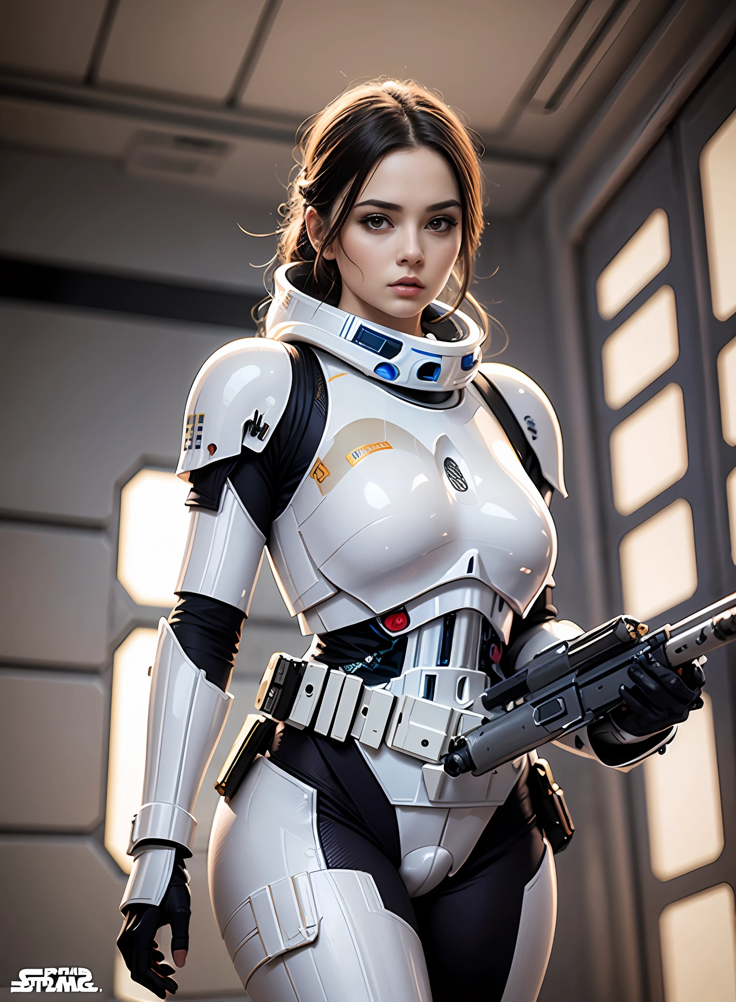 mulher de peito grande stormtrooper com arma, in the space