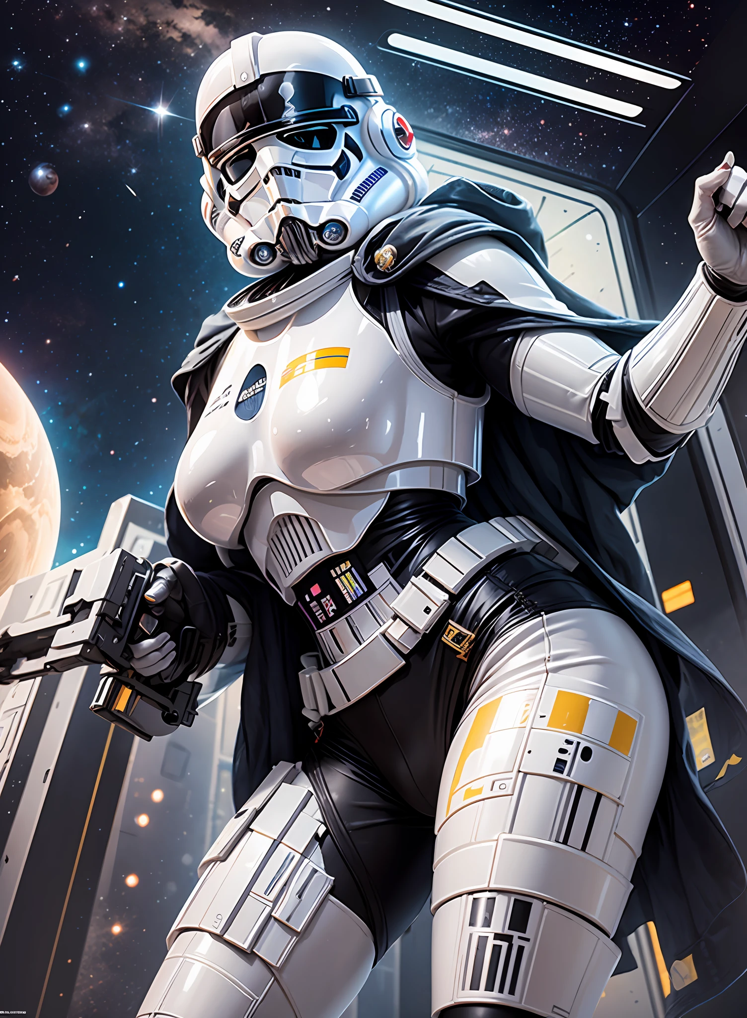 mulher de peito grande stormtrooper com arma, in the space