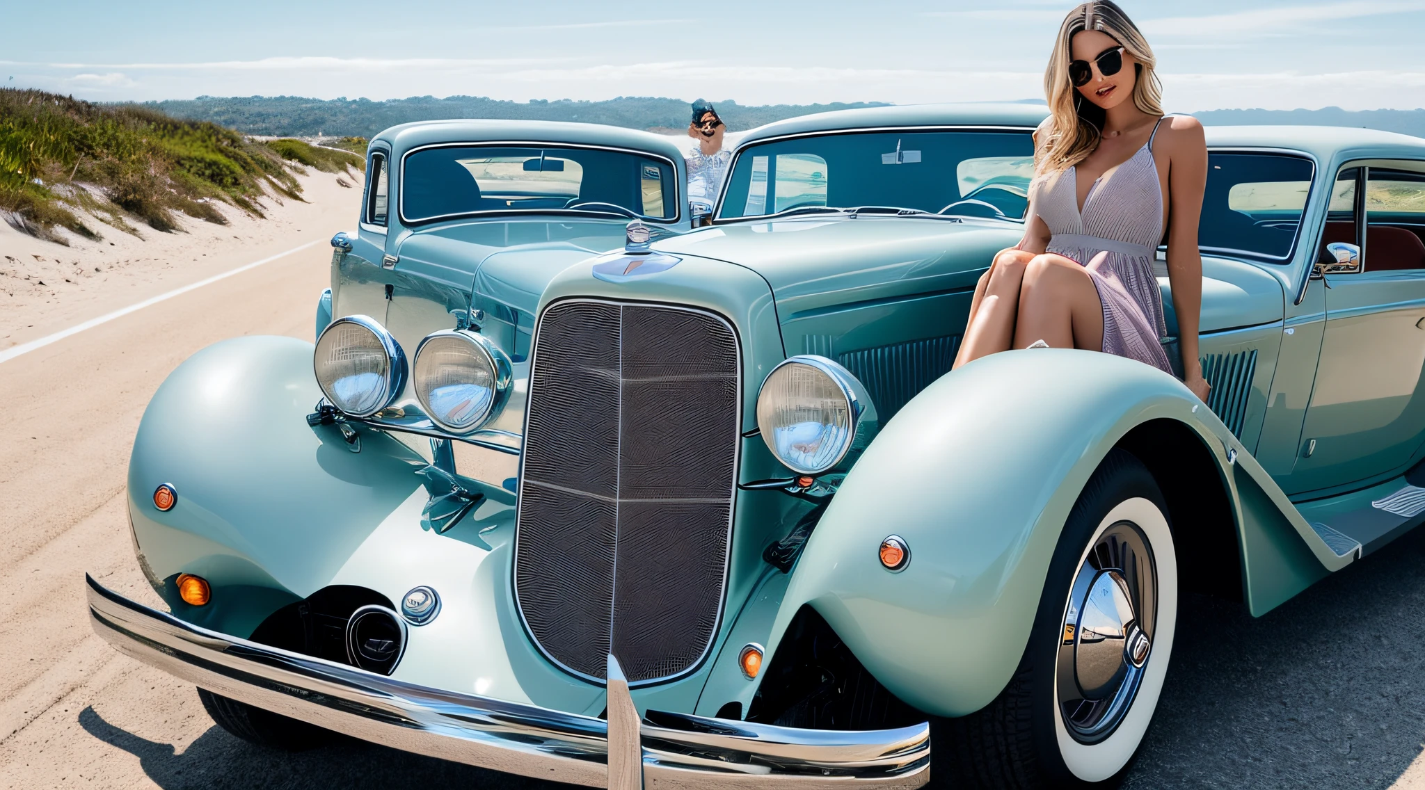 3 Super models 40 years old at a vintage car in a beach road trip, [[[[full shot]]]], [[[[read trip]]]], [[[[fun]]]], [[[[mid day]]]], perfect eyes, perfect iris, perfect lips, perfect teeth, perfect skin, soft front light, glow, HDR, (muted colors:1.2) modern architecture, 8k, 14mm lens, wide angle shot,