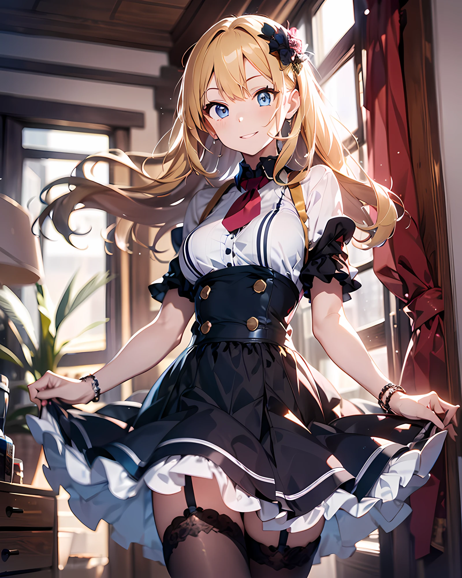 anime style illustration, highres, ultra detailed, (1girl:1.3), (dynamic pose):1.0 BREAK, cowboy shot, (pale skin:1.3), ((detailed blue eyes)), (bokeh effect), (dynamic angle), 1 extremely beautiful and glamorous Korean Idol at bedroom, wearing a gothic lolita dress, black stockings, BREAK, she has blonde wavy two-side-up hair style, medium-breasted, light smile, happy, wind, 8 life size, detailed clothes, detailed body, detailed arms, human hands, detailed hands, blush, light smile, pink lip gloss, looking the viewer, facing the viewer, sexy model posing, extremely leaning forward against the viewer, studio soft light, cinematic light, detailed background, realistic, ultra-realistic, masterpiece, 32k ultra-sharp image, Japanese anime waifu, concept art by Kyoto animation, Makoto Shinkai,