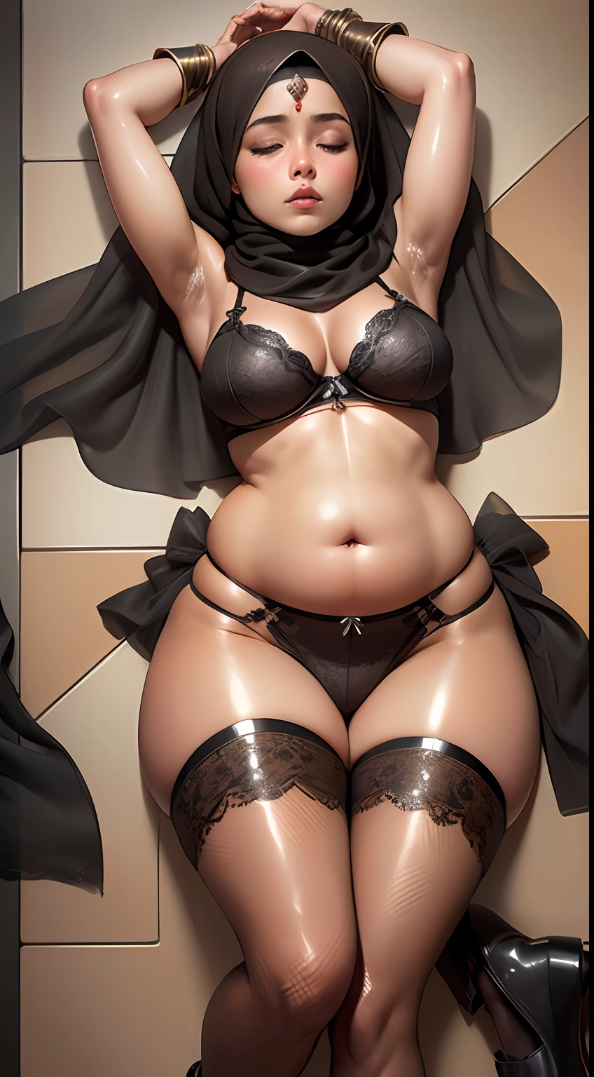 (20 years old), perfect face, (chubby:1.4) child in saree perfect full HDR body exposed midriff highleg flat chest curvy indian armpits bellydancer 8k high res knees ankles , royal skimpy underwear, cleavage (shiny skin:1.5) (full body shot) (high heels) (brown skin:1.7) (arabian background:1.5) (sleeping:1.4) (arms behind head:1.4) (shot from above:1.4) (black lace bra:1.4) (hijab:1.5)