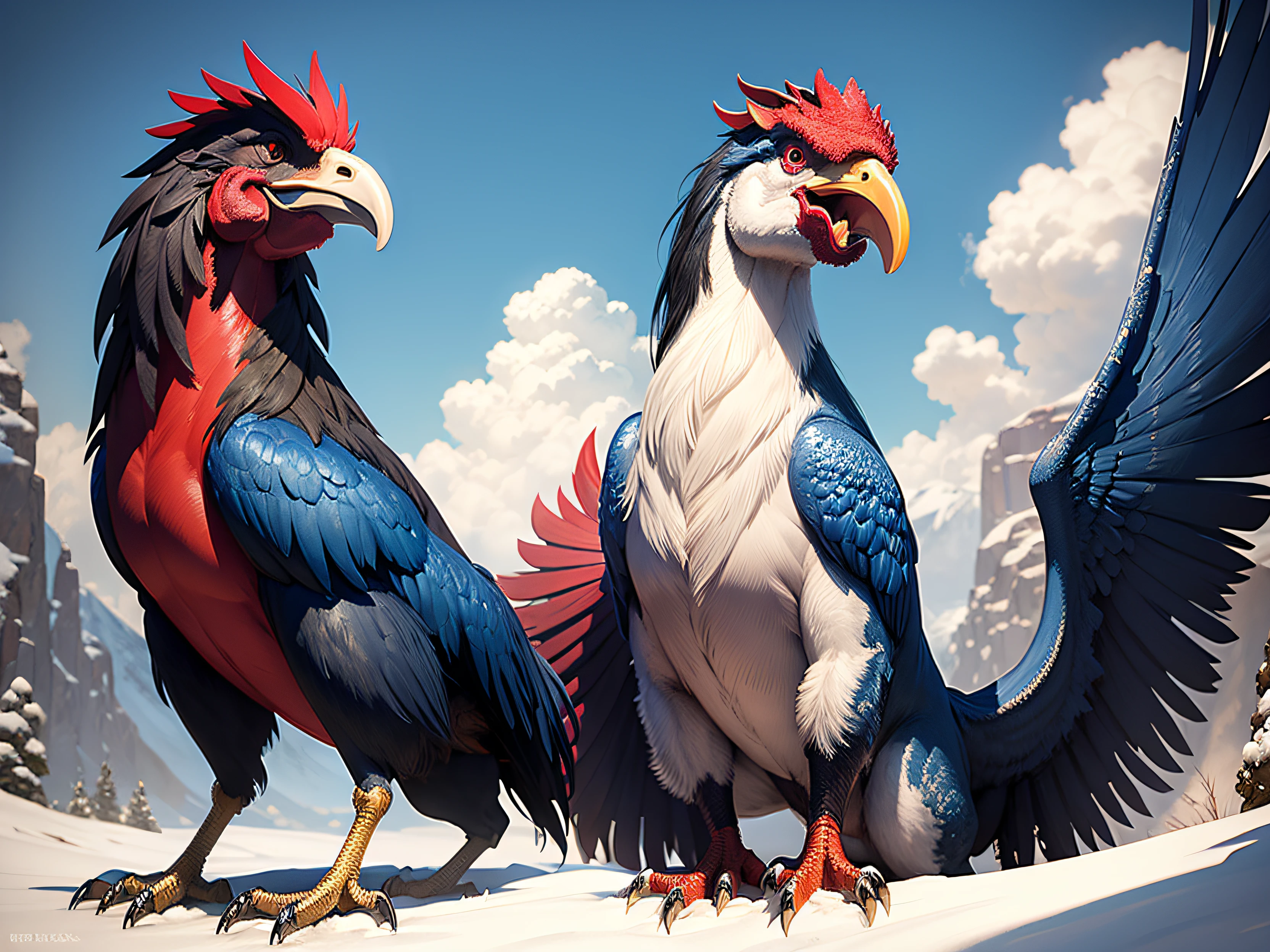 Rooster with Trex fangs, high definition, blue,red, black, snowy --auto