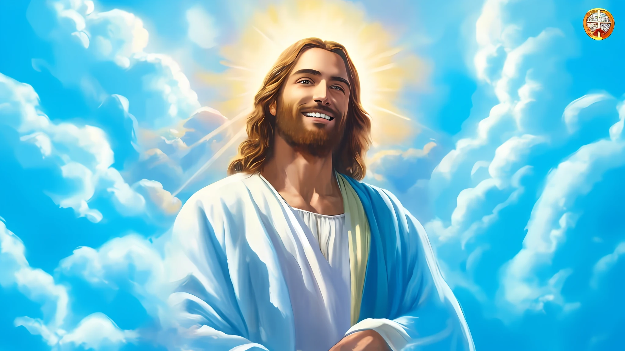 A painting of Jesus with a halo in the sky, Jesus Cristo, Smiling in the sky, Retrato de Jesus Cristo, rosto de Jesus, Jovem Deus Todo-Poderoso, Retrato de um Deus Celestial, Greg Olsen, leve sorriso, jesus of nazareth, Jesus, O rosto de Deus, Deus olhando para mim, He's greeting you warmly, he is happy, obra prima