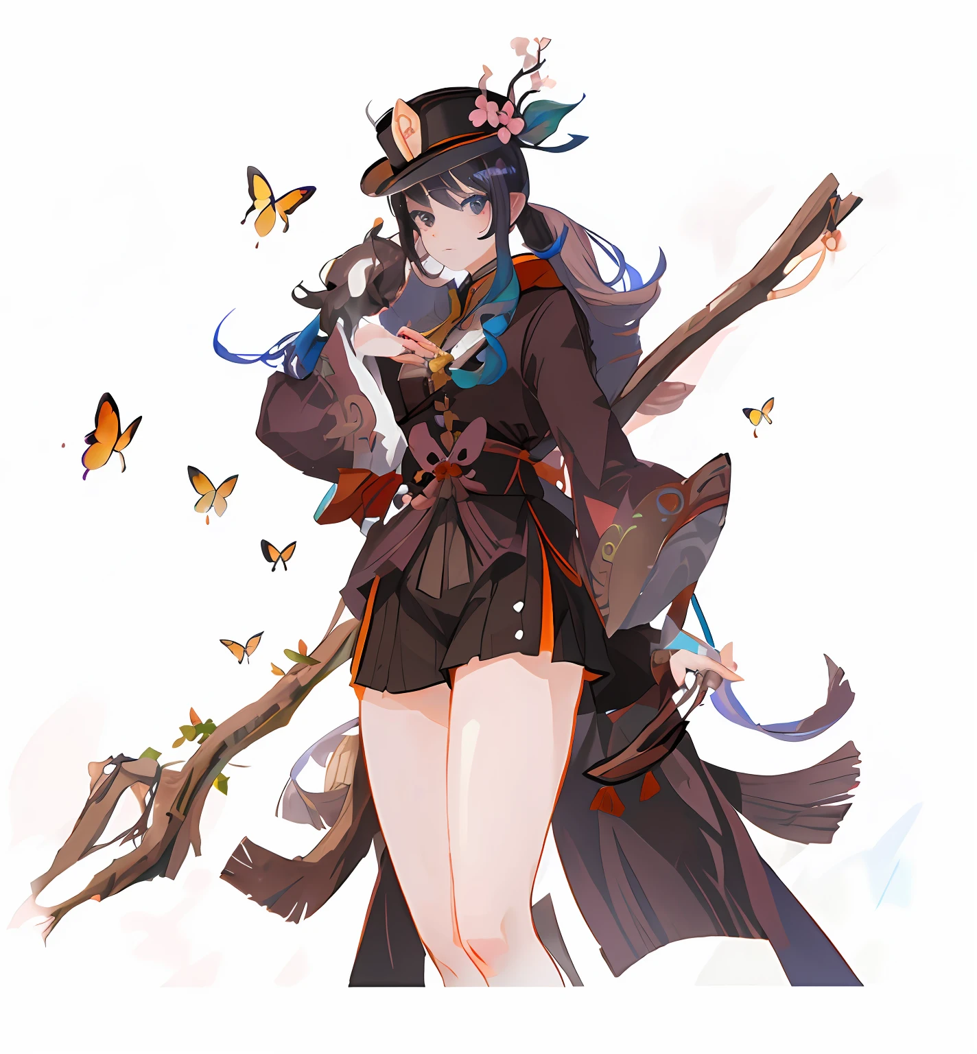 Genshin Walnut,Playful beautiful girl,Right angle black hat,There are plum blossoms on the hat,There are butterflies around,Tan-black double ponytail,Chinese