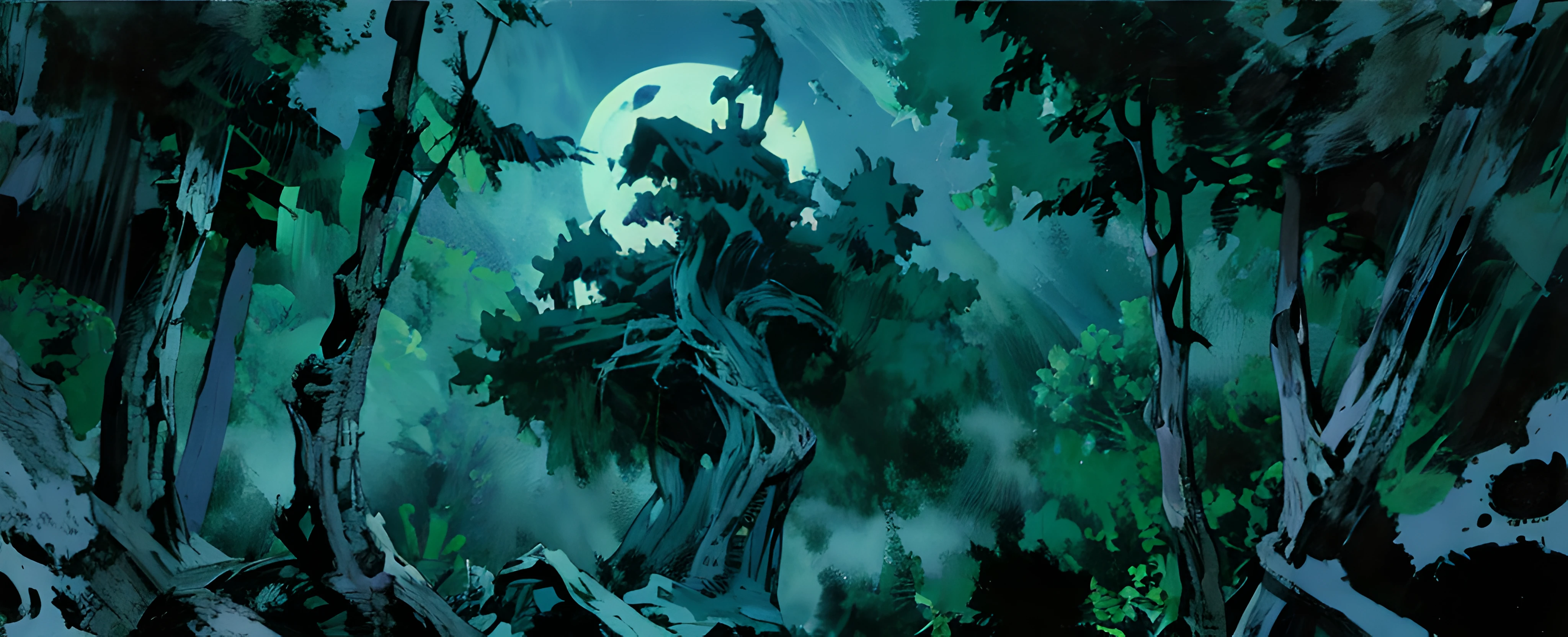 (((big general shot))) Moon light (((creepy night, mist)))(((blue cool tones))), Oil painting, detailed and intricate, of a dense jungle filled with exotic plants, moon light, (((night creepy, mist))). In the style of Yoshitaka Amano and Hayao Miyazaki, masterpiece, proportional, detailed, trending on artstation, beautiful lighting, realistic, intricate, award winning, 4k, highest quality Award-winning, 4K digital painting in the style of Yoshitaka Amano. Detailed and intricate depiction of a zombie apocalypse, masterfully capturing the chaos and drama of the scene. Beautiful lighting and cinematic composition make this piece a true masterpiece