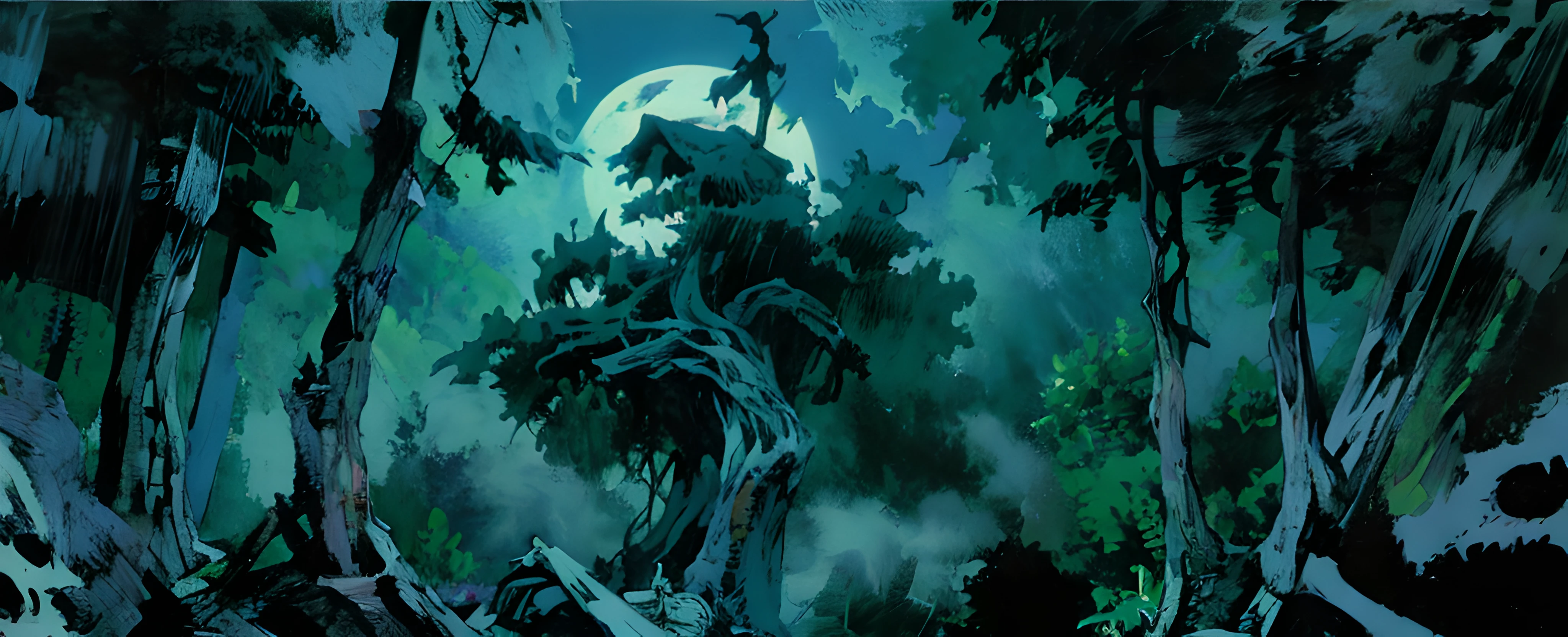 (((big general shot))) Moon light (((creepy night, mist)))(((blue cool tones))), Oil painting, detailed and intricate, of a dense jungle filled with exotic plants, moon light, (((night creepy, mist))). In the style of Yoshitaka Amano and Hayao Miyazaki, masterpiece, proportional, detailed, trending on artstation, beautiful lighting, realistic, intricate, award winning, 4k, highest quality Award-winning, 4K digital painting in the style of Yoshitaka Amano. Detailed and intricate depiction of a zombie apocalypse, masterfully capturing the chaos and drama of the scene. Beautiful lighting and cinematic composition make this piece a true masterpiece