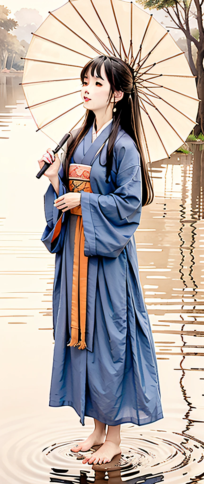 Best picture quality（1.0），Representative works Traditional Chinese painting, lotuses, Hanfu, , Dress conservatively 1girl, , Black long hair, ssmile, standing on your feet, feet in water, The barefoot,，a warm color palette，Low light，Low brightness，Hand in hand Song Dynasty oil-paper umbrella，Ambient，Rained，Gently look up，Orange colors，ink and watercolor painting，Anime style