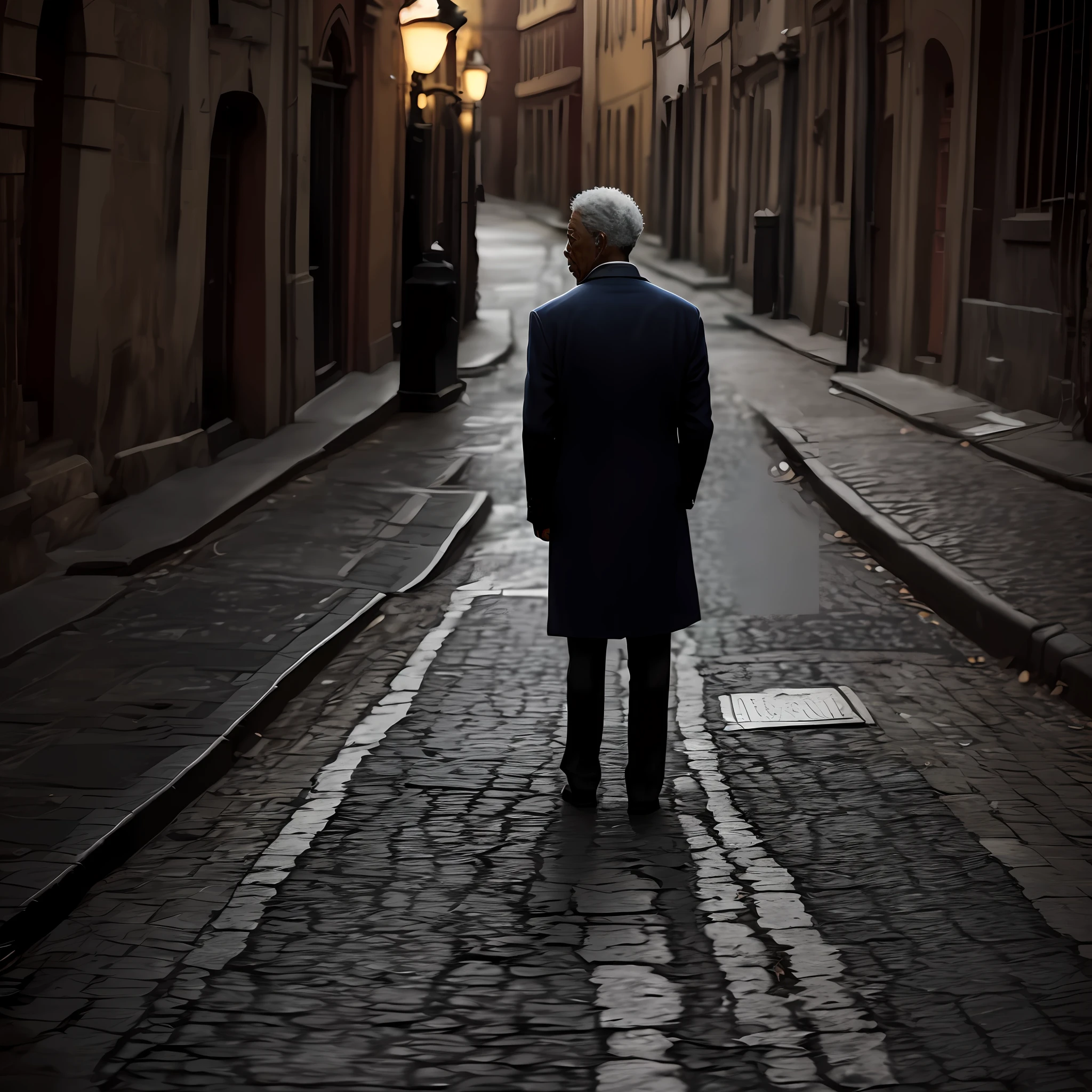 Standing alone looking down Morgan Freeman