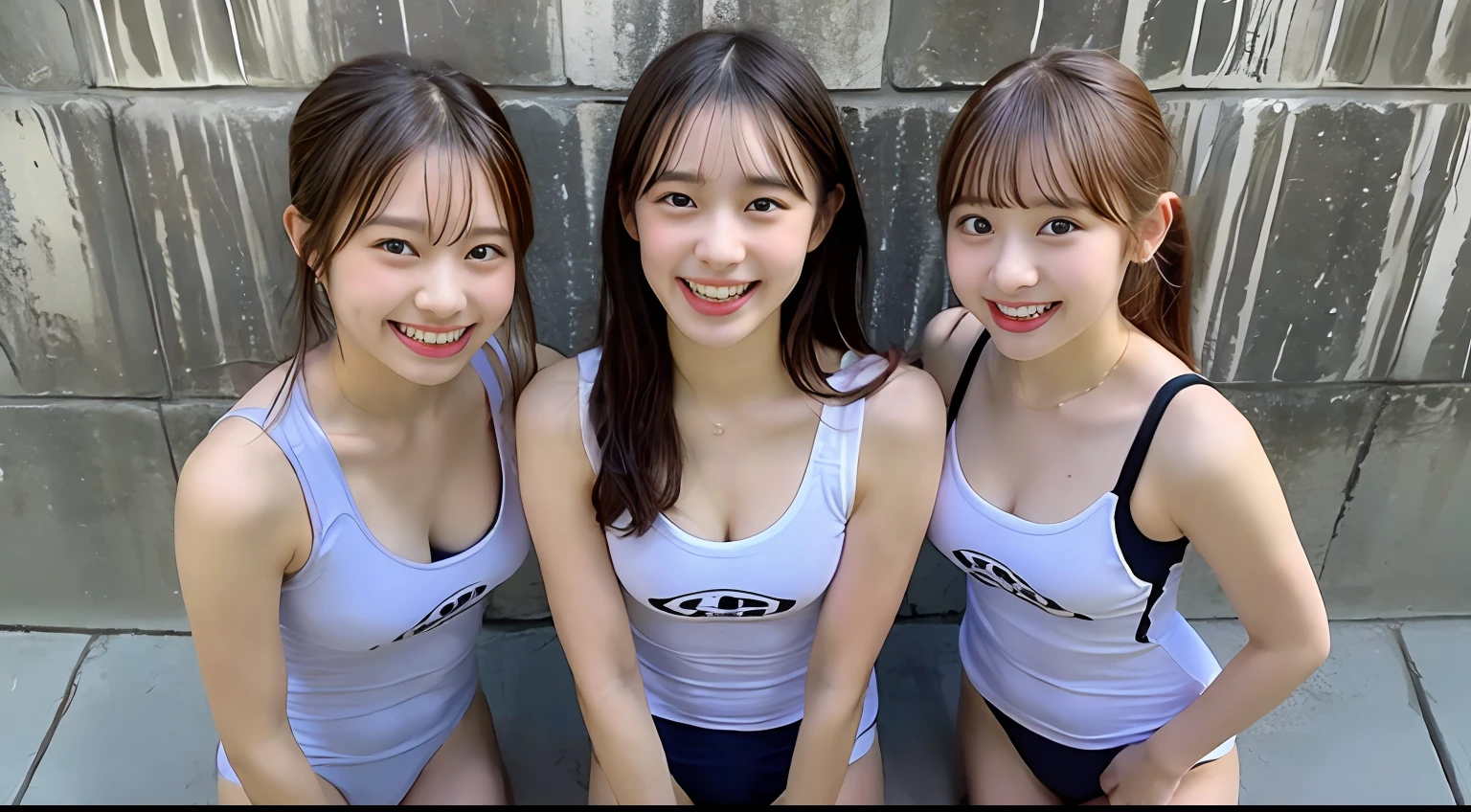 huge-breasted、12year old:Juvenile、Show your teeth、Thigh、Simple School Swimsuit、group of girls