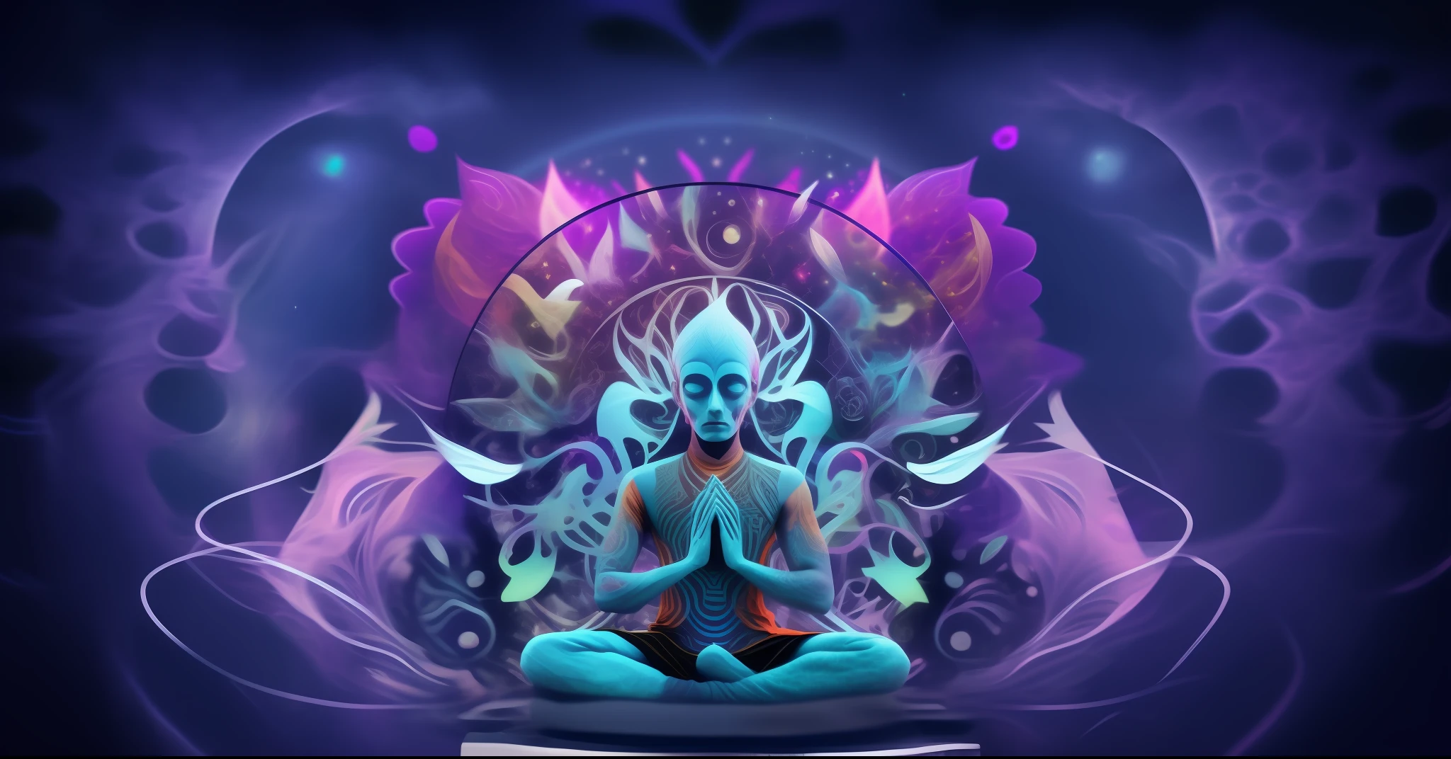 a close up of a person sitting in a lotus position, arte psytrance, psytrance, galactic dmt entity, Entidade DMT, psychedelic dmt, enlightenment tripping on dmt, extremely psychedelic experience, epic shamanic dmt art, Reino DMT, dmt space behind, Entidades DMT, psychedelic visuals, dmt ego morte, dmt deus