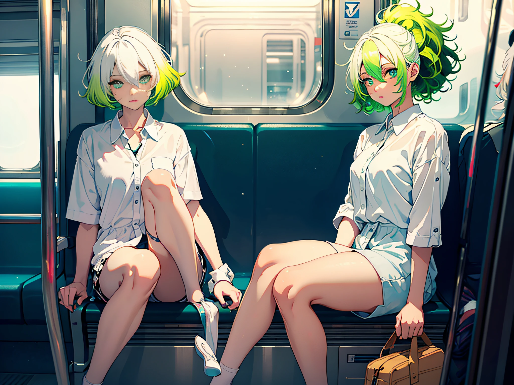 Masterpiece, Best quality, Ultra-detailed, illustration, Beautiful detailed eyes, Cute cat girl,Short hair, ((White hair)), (Green hair), (Gradient hair :1.5), (Big hair :1.4) , Cyan eyes, ((sitting in the train seat)),Floating white silk, Stars in Eyes,Perfect hands,nice hand,Perfect legs,Perfect body, ((full body)),