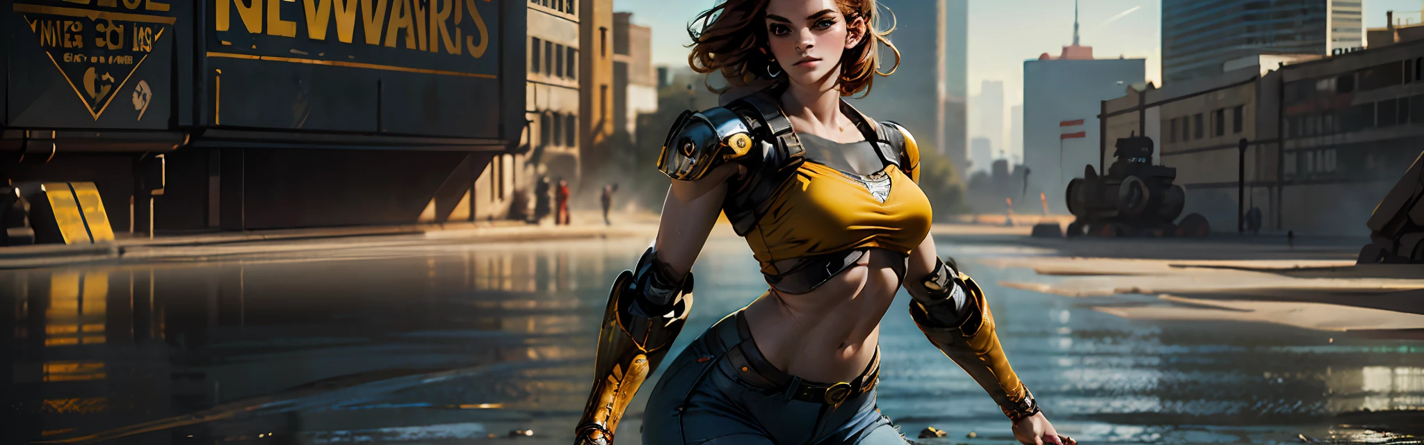 Cartel estadounidense de la Segunda Guerra Mundial, Estilo Gil Elvgren ((Piel detallada)) (((A young Emma Watson woman with straight red hair long to the waist in superhero pose in yellow shirt and blue jeans))) ((Traje detallado completamente rojo con oro)) (Coches en el fondo de la imagen) (((robotic left arm)) (((Brazo cyberpunk)))Adobe Lightroom, hero uniform, 1 girl, solamente, buen cuerpo, Luz lateral, Estilo de arte del cartel. 1980s, 1950s, 1960s, 1940s, basic colour scheme, Very colourful poster, Arte colorido, Tercera regla, inspirador, Mujer, 1 25-year-old girl, cabello soplando en el viento, mirando al espectador, fondo borroso, Curvaceous Body, ojos verdes