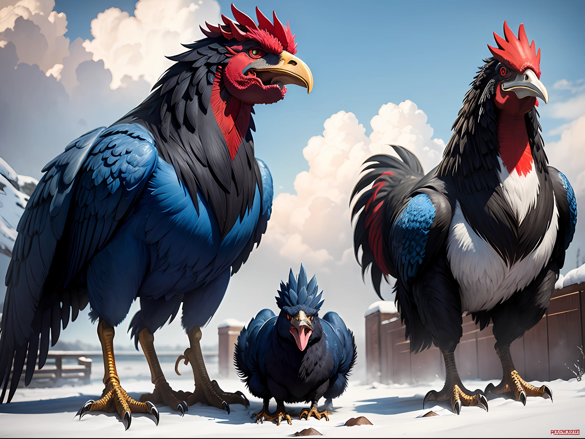 Rooster with Trex fangs, high definition, blue,red, black, snowy --auto