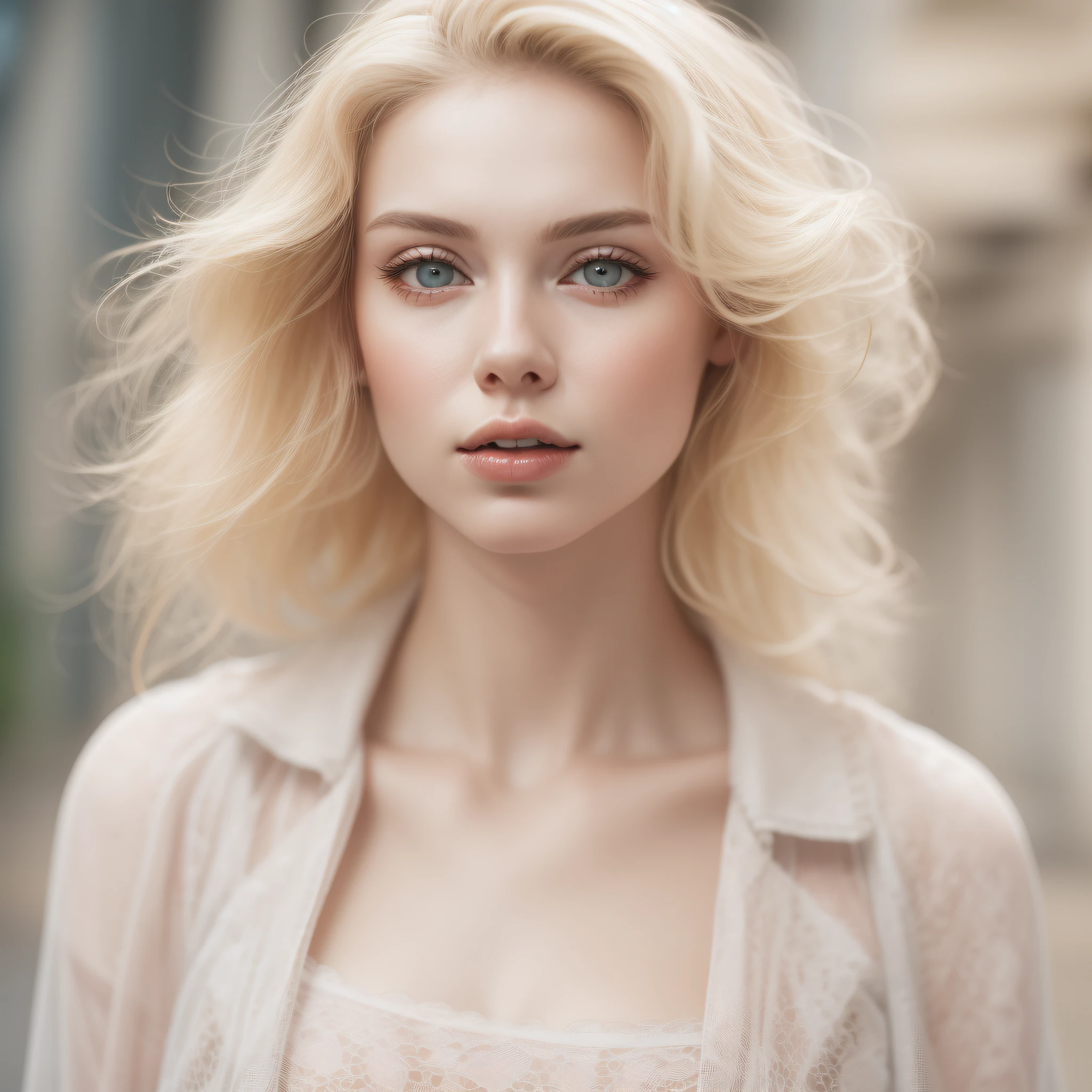 Blonde woman with beautiful pale skin, com casaco com decote,8k pele detalhada,alta resolução
