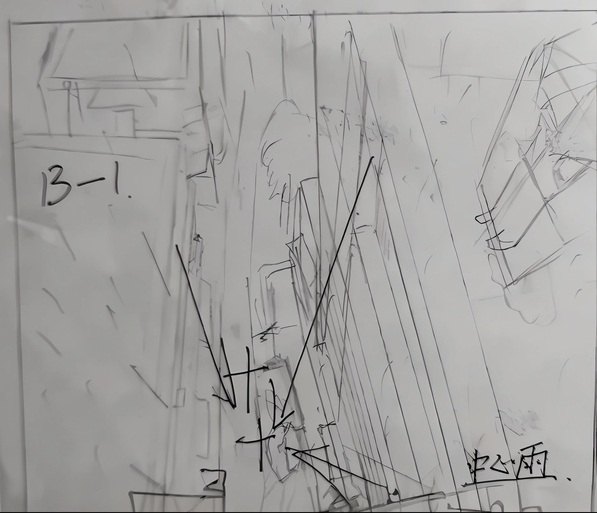 Sketch of a flat building drawing with a background, Anime keyframes, from akira ( 1 9 8 8 ) Style, evangelion concept art, detailed penciling, style of akira motion movie, accurately drawn details, action perspective concept, Tsutomu Nihei style, author:Middle Bokuhn, Anime landscape concept art, detailed but rough