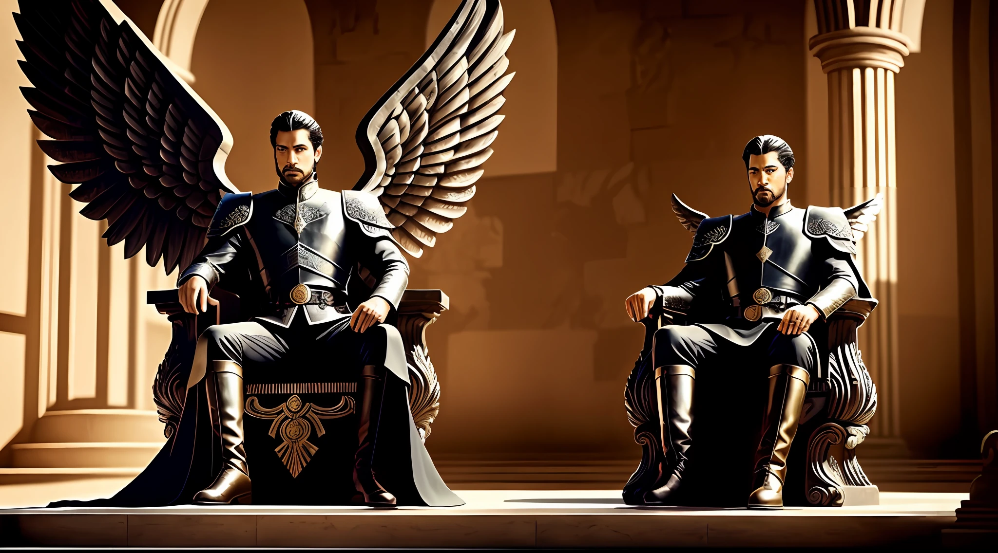 ser hermoso, diabolico ,un rey sentado en su trono con alas de angel negro , cinco seres gigantes estan postrados enfrente del rey, dibujo artistico realistico. --auto