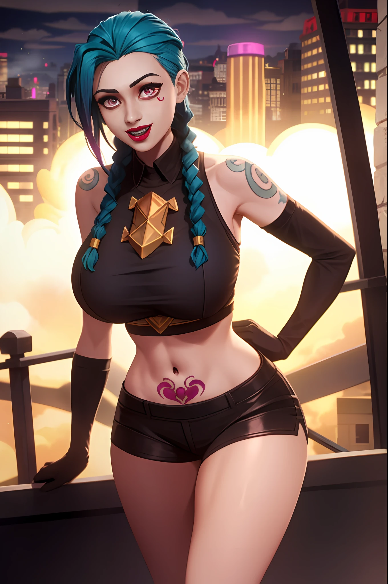 arcane style,

1girl, arm tattoo, asymmetrical bangs, bangs, blue hair, braid, brown shirt, cloud tattoo, looking at viewer, laughing, crazy, uncontrollable laugh, mad look, night, city, green hair, long hair, toned midriff, pink eyes, red lips, shirt, solo, standing, tattoo, twin braids, upper body, hourglass figure:1.5,  huge breasts:1.5 thick thighs:1.5,arcane jinx, jinx \(league of legends\)