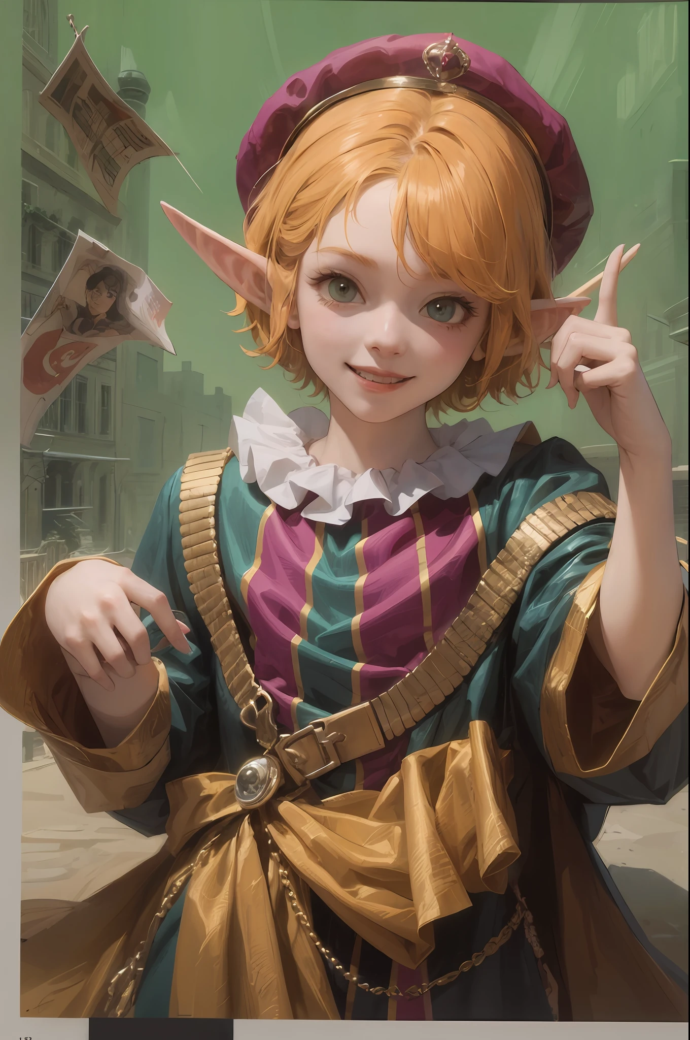 a  elf, orange skin, pointed ears, hat and jester outfit, sadic smile, comics cartoon style --auto --s2