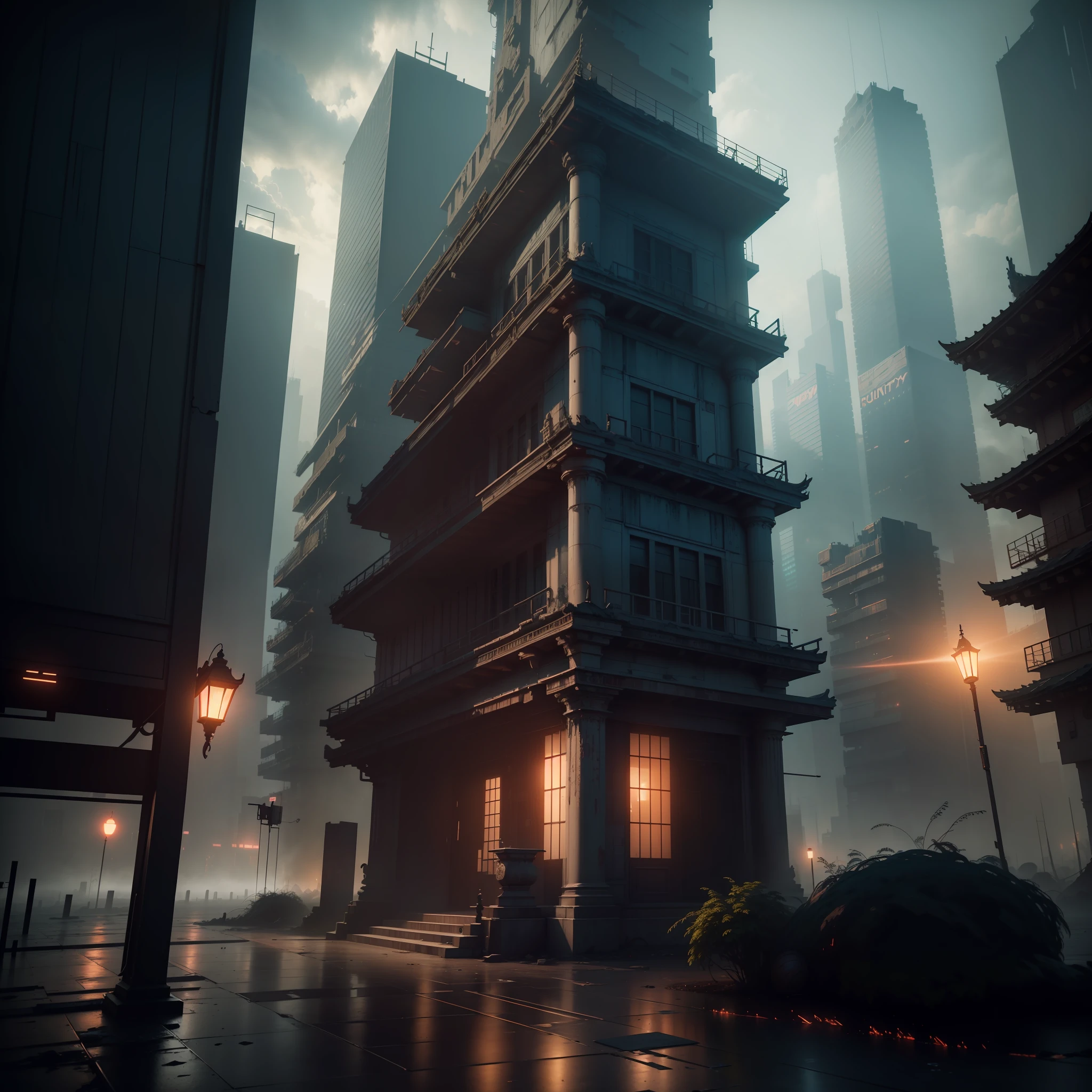 extremely detailed CG unity 8k wallpaper, masterpiece, best quality, long shot, cyberpunk, temple, ghostly setting, mist, volumetric light, neon lights, animatronic figures, ruined structures, grunge textures. --auto