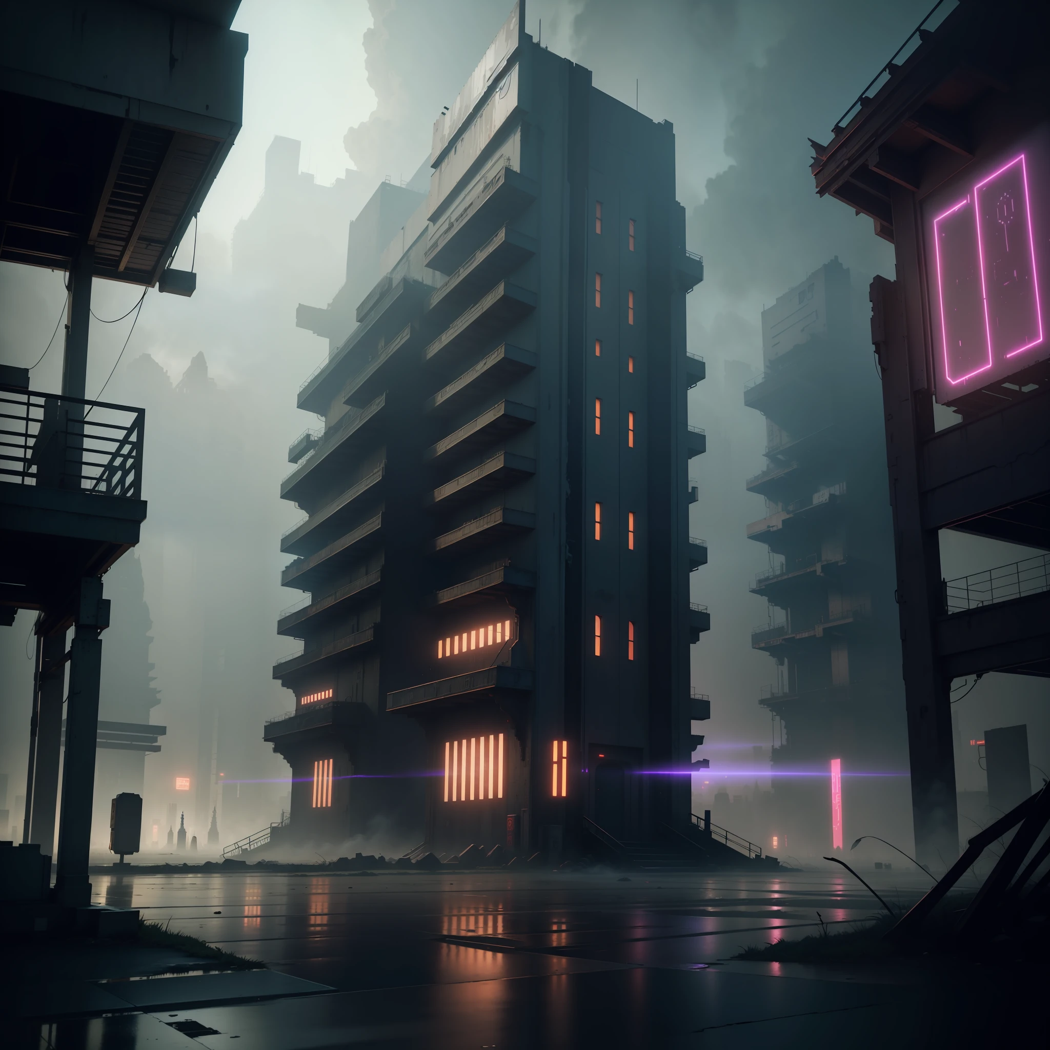 extremely detailed CG unity 8k wallpaper, masterpiece, best quality, long shot, cyberpunk, temple, ghostly setting, mist, volumetric light, neon lights, animatronic figures, ruined structures, grunge textures. --auto