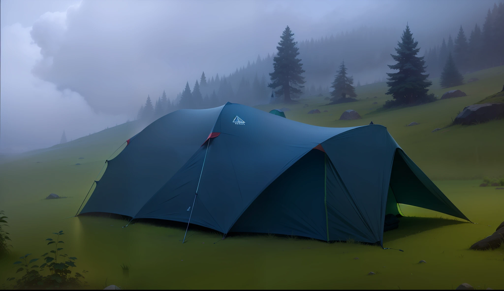 a camping tent at night next to trees with lots of fog and closed skies with lots of rain clouds --auto