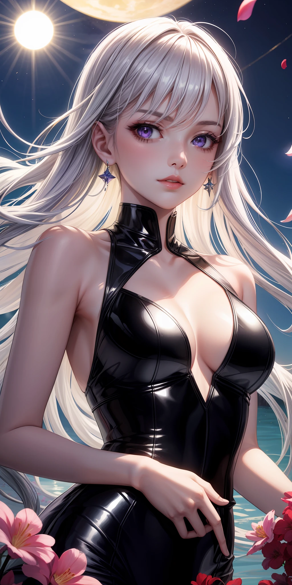 "(realisticlying)+(Super realistic:0.5),one-girl,White and silver hair,Purple eyes shimmer,The clothes are separated and the top is shiny,lips parted,Be red in the face,Night and moonlight illuminate her,She has beautiful flowers and petals around her,The sun shines on her,Turn slightly to the sun(suns:0.3)。"